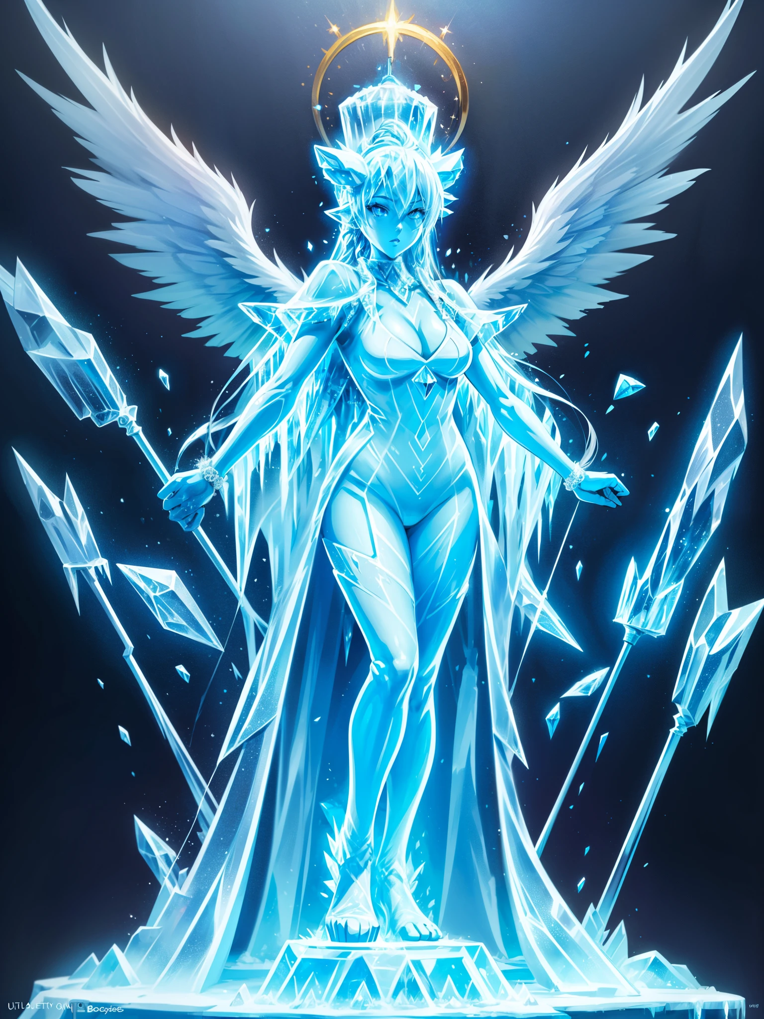 fantasy art, RPG art, icestyle a picture of an (ice sculpture: 1.5) (ultra detailed, Masterpiece, best quality: 1.4) of an (icy: 1.4) female angel (ultra detailed, Masterpiece, best quality: 1.3) spread angel wings angel_wings (ultra detailed, Masterpiece, best quality: 1.3) made from ice, fiery halo red fire, flame hair, fantasy temple background best quality, 16k, [ultra detailed], masterpiece, best quality, (ultra detailed), full body, ultra wide shot, photorealistic