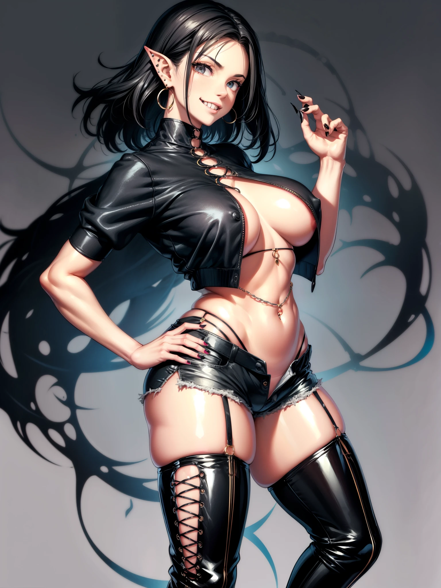 score_9, score_8_up, score_8, 1girl, solo, gigantic breasts, curvy, wide hips, thick thighs, pubic hair, nipples bulge, erected nipples, cross-laced footwear, lace-up boots, boots, pointy ears, (black shorts), navel, solo, black nails, piercing, sharp teeth, thighhighs, earrings, black hair, teeth, midriff, ear piercing, short shorts, crop top, grey background, short hair, nail polish, smile, hair over eyes, jewelry, thigh boots, shirt, combat boots