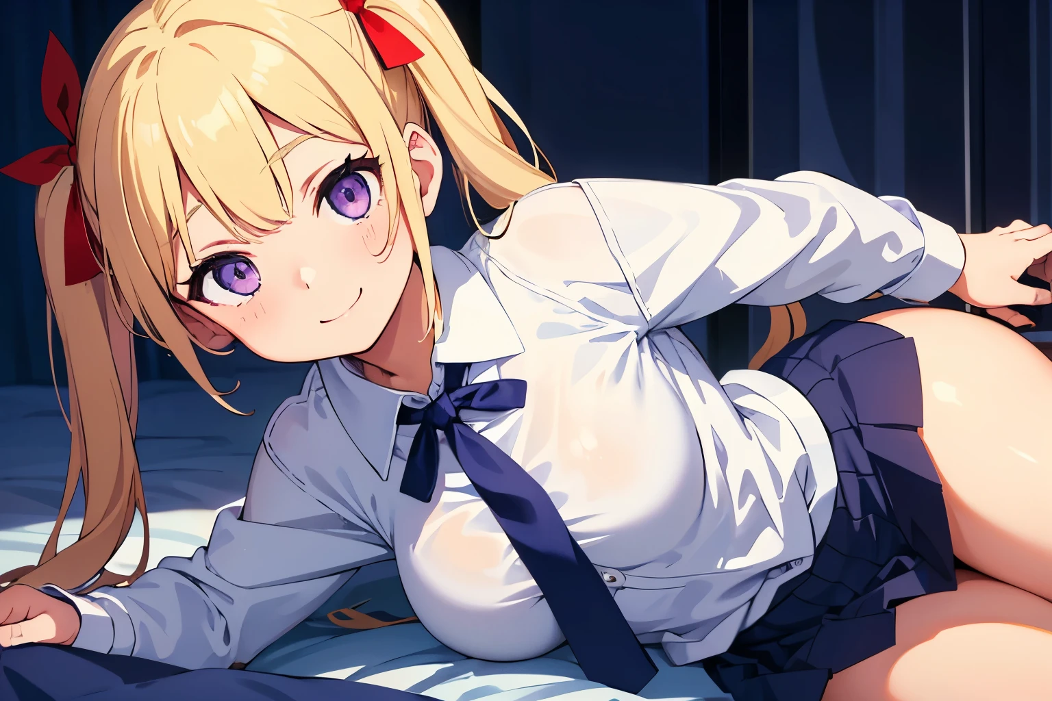 Studio Apartment Rooms girl, 14 years old,breasts, blonde, long pigtails, red ribbon in pigtails, purple eyes ((one person)) Smiling face, white long sleeve blouse on top, navy blue mini skirt on bottom, blue tie, white with light blue horizontal stripes, black socks, Otaku's room Lying in bed Knees up, legs slightly apart((I can see her panties)) Angle from the feet Dynamic Angle Low - Angle