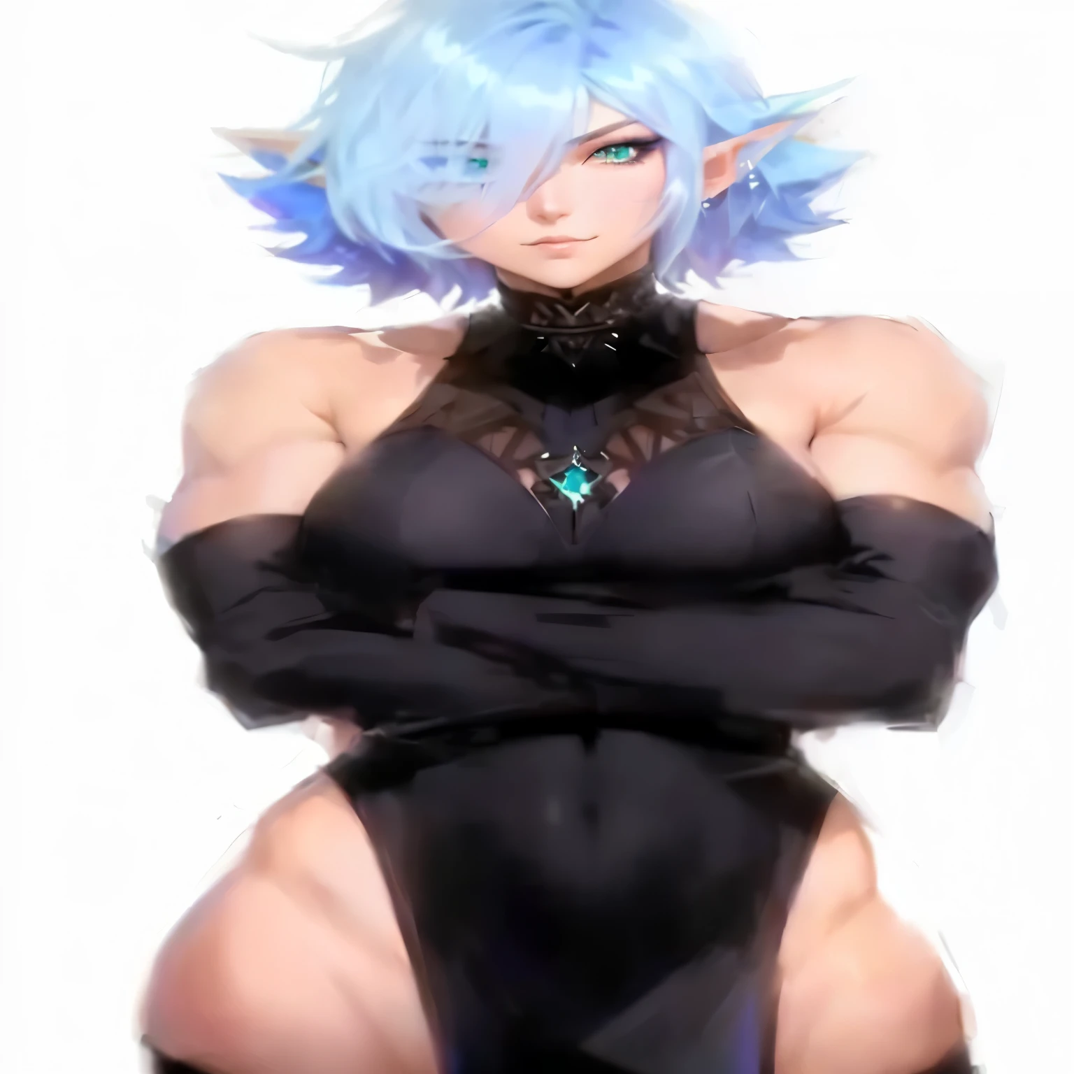 anime girl with blue hair and black dress posing for a picture, dramatic smirk pose, anime character; full body art, short blue haired woman, most strongest pose, emerald eyes, pointy elven ears, muscular, visible abs,