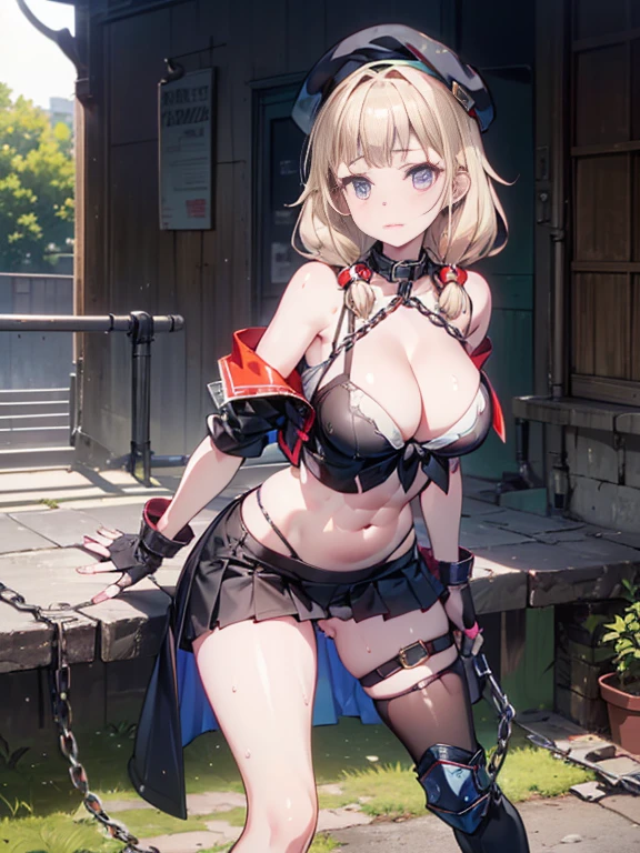 (Thynasha:1.2),dark blue hair,very long hair, purple eyes,(beautiful detailed eyes:1.0), extremely detailed face, perfect lighting, hair between eyes,bangs, (black beret, black jacket, open clothes, cleavage, midriff, black medium skirts, black thighhighs, thigh strap, fingerless gloves, single glove:1.2), Photo,sharpness, F1.6 lens,hyper-realistic textures,spectacular light textures, Cinestil 800 Fashion Mechanics,(((Beautiful woman with left leg restrained by chains))),Appearance,Beautiful girl with accentuated slender abs: 1.1,six-pack abs: 1.1, Bust Botox,Standing on tiptoe, long legs,Long brown hair fluttering in the wind,Brown hair, Long hair, Female Warrior Costume,(No panties,No bra),(tacticul battle fashion,elbow and knee tacticul battle fashion, battle glove: 1.1),((cute batre costume)),The belly comes out and the navel is visible,Thin sheer costume, combat gloves,shredded costumes,cyber long combat boots with golden knee pads,Anatomical,(futuristic sci-fi battle fashion, new elbow and knee cyberpads, new cyberlong boots, new cybergloves: 1.1),(tied perfectly by iron chain:1.3), Restraint, Slave, collars, contempt, (Chained), 4 chains hung from heaven, Metallic shackles and fetters, wet crotch clearly visible,((Hands are restrained above the head)), the neck is chained,Chain from left knee to heaven,Chained by rusty iron chains,((the tip is protruding, areolas protruding,The shape of the pubic harearea is clearly visible:0.9)),Sweating,Wet,Wet crotch,Wet thighs,Junkyard, Realistic, (cute, perfect clothes, skimpy clothes, cute: 1.3) ,Vast miritary base in us,((wide mirtary hospital with summer sunlight)), peeling ceilings, Rebar between, Realistic material details, Extreme details, Ultra-realistic materials,narrow waist,(with sparkling eyes and a contagious smile:0.9),looking at viewer,