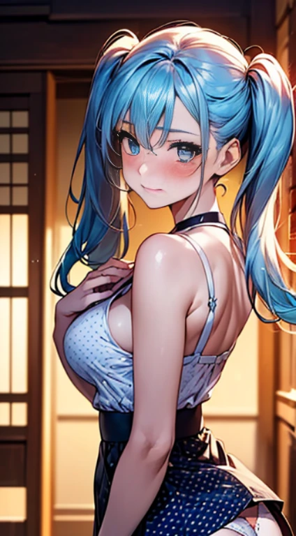 (masterpiece:1.2, highest quality), (Realistic, photoRealistic:1.4), Beautiful illustrations, 
Looking at the audience, whole body, Front view:0.6, 
1 female, Japanese, ((Light blue hair Long hair:1.5, Twin tails:1.5)), Hair fluttering, bangs, Hair between the eyes, ((height: 167cm, C cup bouncy breasts, Narrow waist, Peachy Butt)) 
Beautiful Hair, Beautiful Face, Beautiful and detailed, (blue eyes:1.3), Beautiful clavicle, Beautiful body, Beautiful breasts, Beautiful thighs, Beautiful legs, Beautiful fingers, 
(Beautiful views), Beautiful concert stage,
((polka dot dress:1.3, Detailed accessories, Best, mini skirt)), White panties, 
(Are standing, Lift up the skirt, Grab the hem of your skirt, please put your hand on your chest, Place your hands between your legs), 
(Looking at the viewer with a blushing face:1.3)