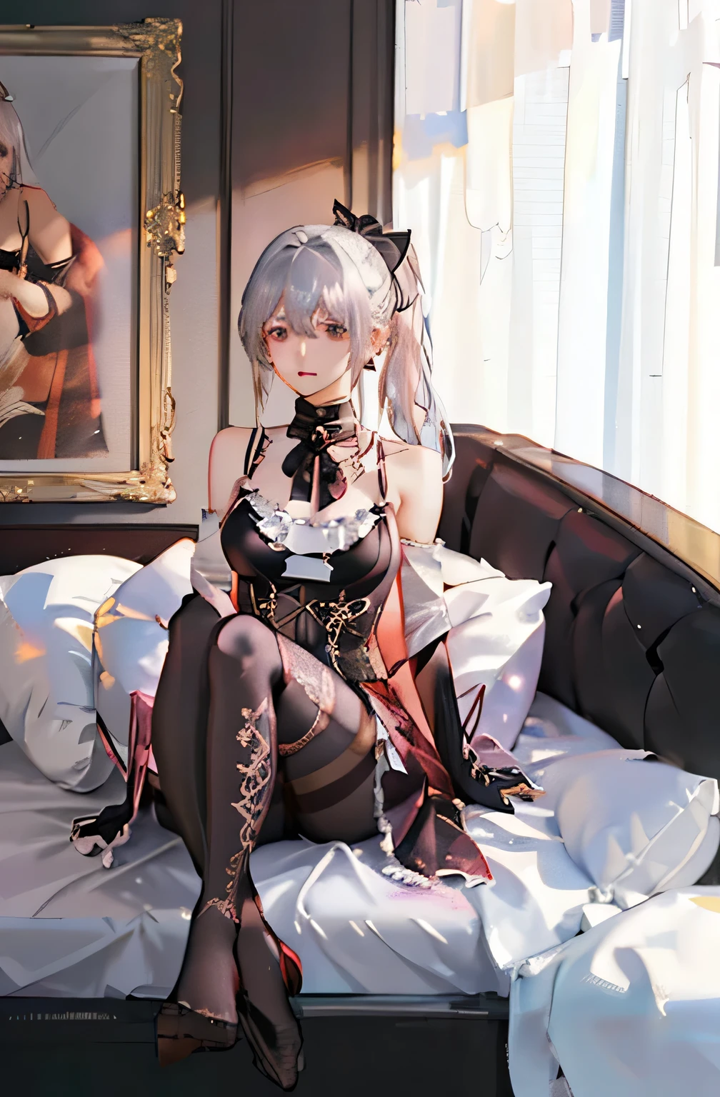 (((1 girl)),Ray Tracing,(Dim lighting),[Detailed Background (Bedroom)),((Silver Hair)),((Silver Hair)),(Fluffy Silver Hair, Plump and slender girl)) Raised ponytail)))) Avoid blonde eyes in the ominous Bedroom ((((Girls、She wears intricately embroidered black high-waisted pants and pantyhose.。) White frilly ribbon gloves), Showing off a delicate, slim figure and graceful curves, Correct limbs, Sitting on the bed、8K、Perfect female body、Red line clothes、8K、High quality、Naughty fashion、Big Breasts、Eros、Lingerie、Pink outfit、bikini