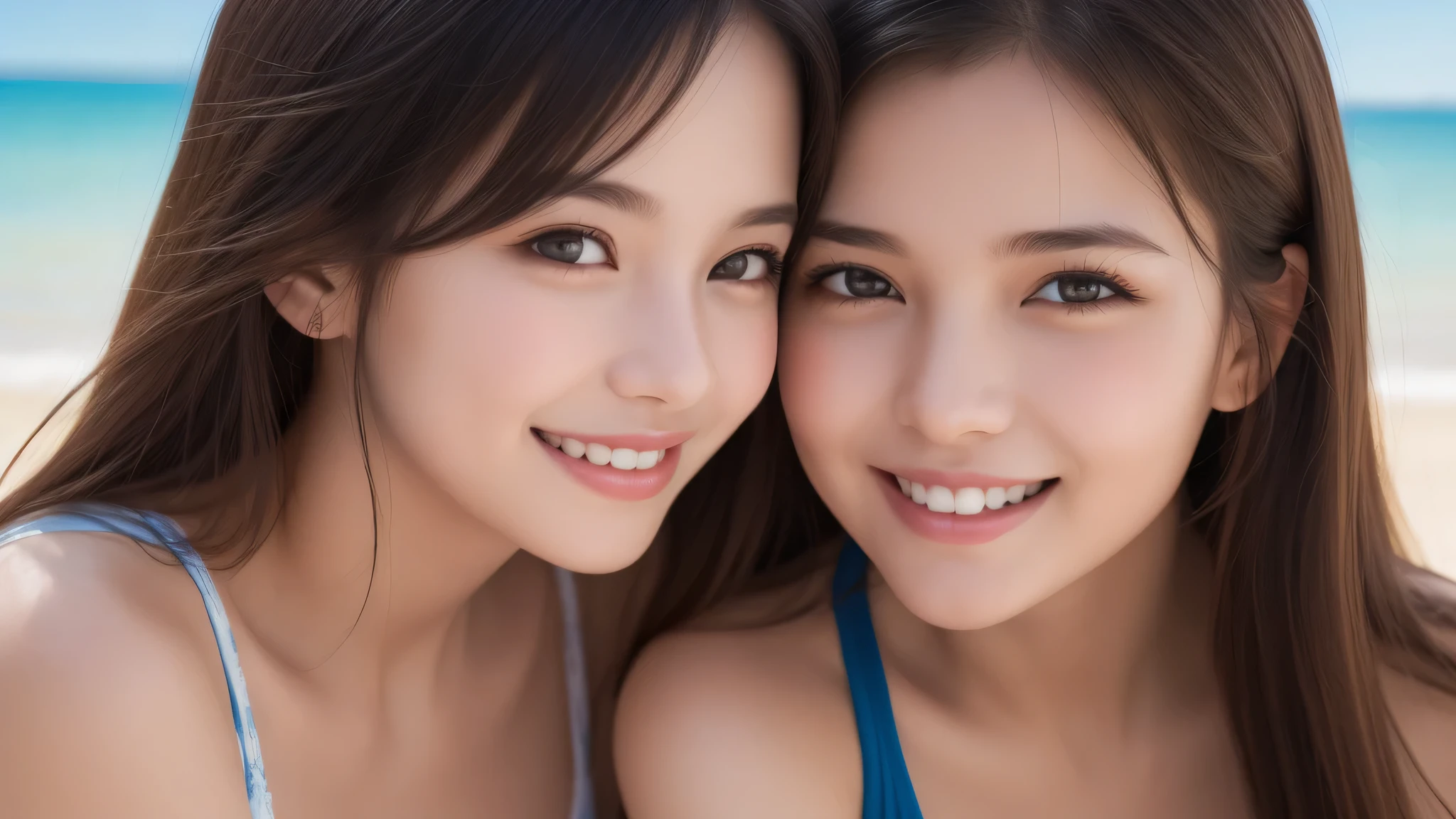(ung girl:1.2), (happy smile:1.2), (Best Quality:1.4), Realistic, extremely detailed CG unified 8k wallpaper, highly detailed, High-definition raw color photos, professional photography, Realistic portrait, Cinematic Light, Beautiful detailed, Beautiful breasts, (Fine face:1.2), Close up portrait of girl, (bikini:1.2), Outdoors, (beach), face detailed
