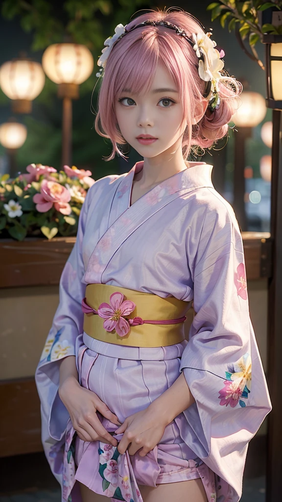(masterpiece, highest quality:1.4), Beautiful Face, 8k, 85mm, Absurd, (Floral Yukata:1.4), Face close-up, violet, Gardenia, Delicate girl, alone, night, View audience, Upper Body, Film Grain, chromatic aberration, Sharp focus, Face Light, Professional Lighting, Sophisticated, (smile:0.4), (Simple Background, Bokeh Background:1.2), detailed aspects,(((Showing one nipple:0.57))),((Very young and small:1.2),(Pink hair with flowers:1),((((Show your vagina:1)))),(Mini skirt kimono),