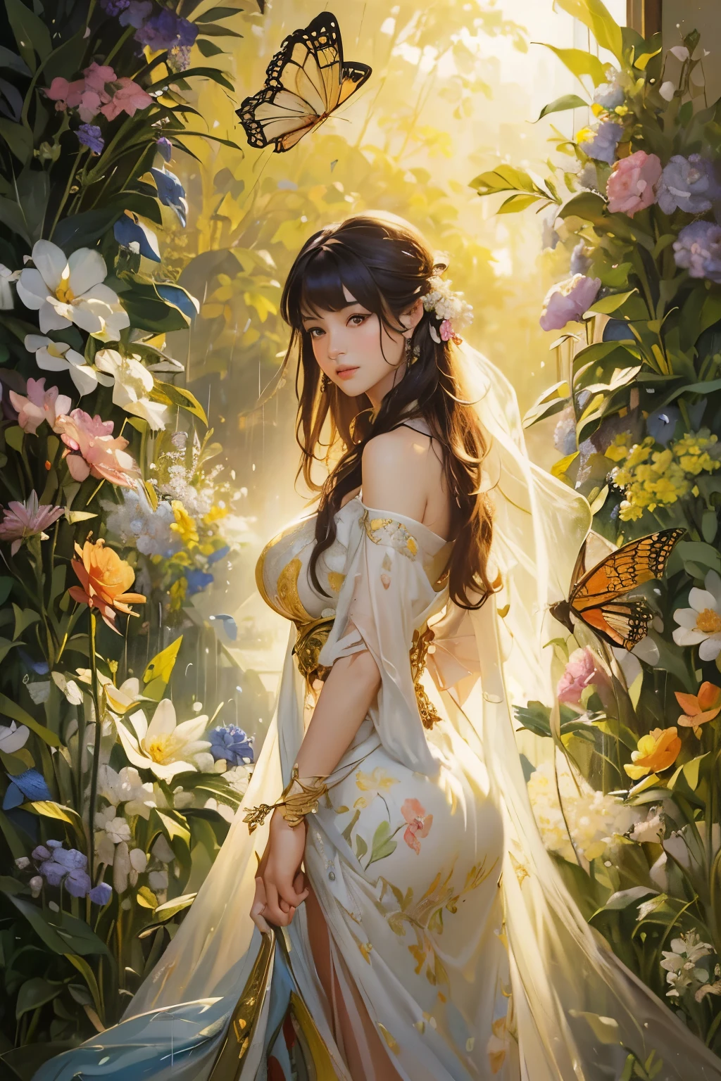 (oil painting:1.5), (2), a woman joyfully twirling in the raining paint, 1girls,floral, Lycianthus ,In light pink and light blue styles..., Dreamy and romantic composition..., dripping flowers on her face, in the style of collage-based, made of insects, william wegman, colorism, white background, pencil art illustrations, national geographic photo, luxurious, extravagant, stylish, , opulent, elegance, stunning beauty, professional, high contrast, detailed, Depict a dreamy, whimsical scene with elements that seem to merge with the background, (Enfermeira usando roupas da segunda guerra mundial ),, Eduardo Kobra acolchoamento , Multidimensional geometric wall, retrato, arte, Chibi, (oil painting:1.5), (((masterpiece)), (best quality), (cinematic), art nouveau style watercolor painting , Chinese goddess, large breasts, big eyes, long thick eyelashes, cleavage, full lips, long thick hair, wide hips, high ponytail. Flower_background, featuring intricate designs and patterns in the style of Alphonse Mucha.
