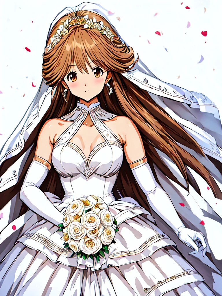 1girl, solo, looking at viewer, simple background, brown hair, gloves, dress, holding, jewelry, flower, earrings, elbow gloves, white gloves, white dress, black background, veil, bouquet, wedding dress, bridal veil, holding bouquet, bride