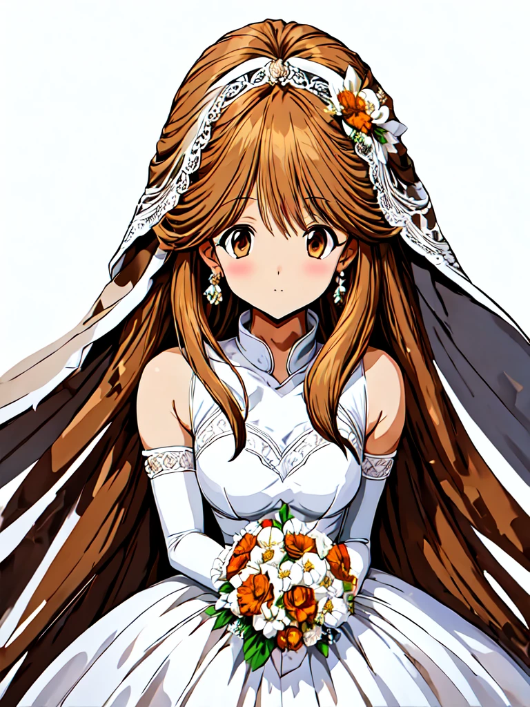 1girl, solo, looking at viewer, simple background, brown hair, gloves, dress, holding, jewelry, flower, earrings, elbow gloves, white gloves, white dress, black background, veil, bouquet, wedding dress, bridal veil, holding bouquet, bride