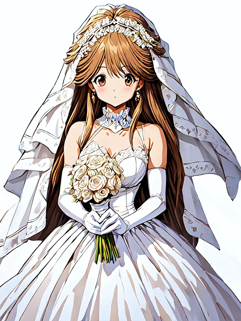 1girl, solo, looking at viewer, simple background, brown hair, gloves, dress, holding, jewelry, flower, earrings, elbow gloves, white gloves, white dress, black background, veil, bouquet, wedding dress, bridal veil, holding bouquet, bride