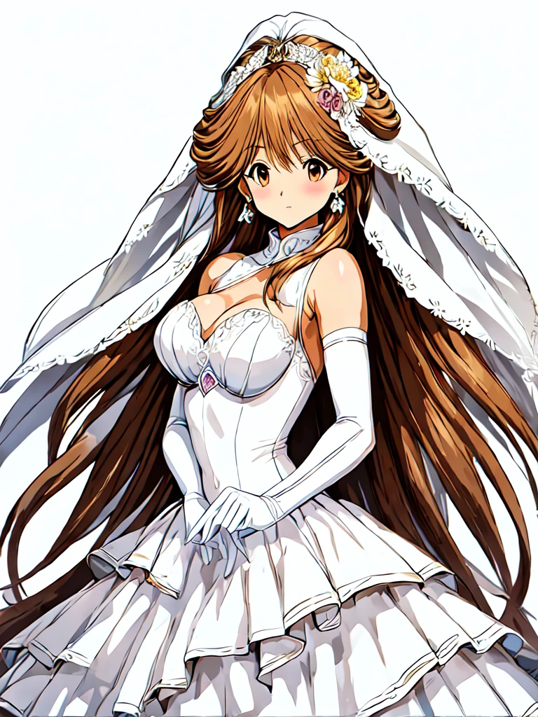 1girl, solo, looking at viewer, simple background, brown hair, gloves, dress, holding, jewelry, flower, earrings, elbow gloves, white gloves, white dress, black background, veil, bouquet, wedding dress, bridal veil, holding bouquet, bride