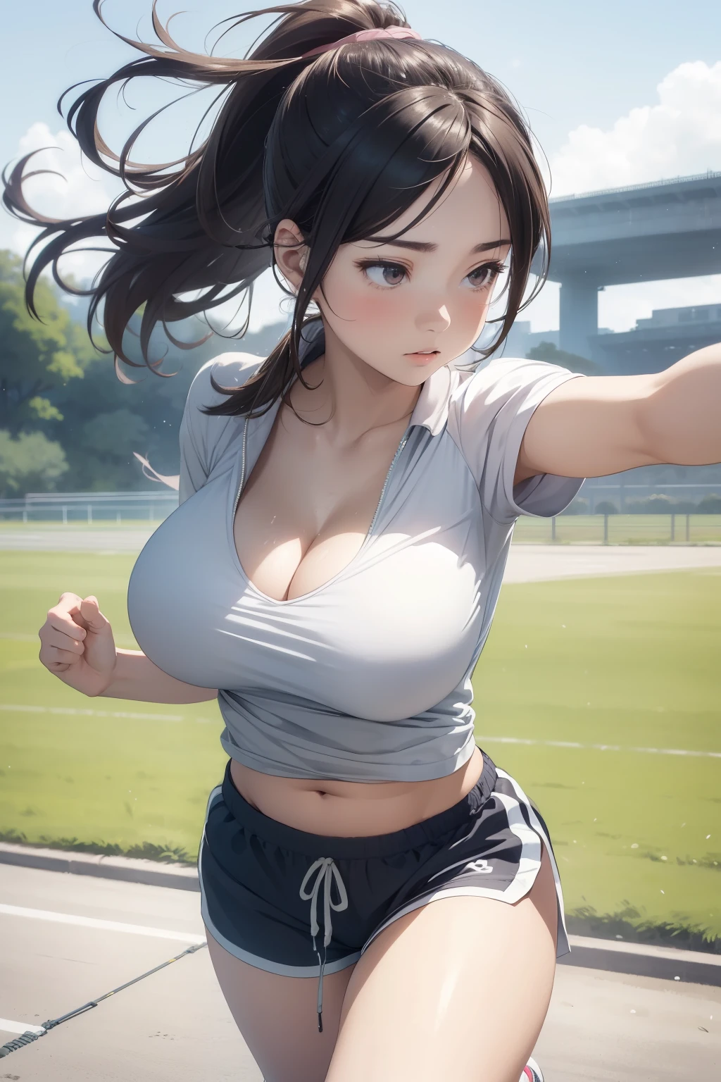 (masterpiece, best quality, photorealistic, cinematic), 1 girl, (Japanese girl), (bursting breasts, large cleavage, plumpy and glossy breasts:1.2), long round legs, solo, running, Gray Track Top, pink shorts, ponytail, athletic build, dynamic brushstrokes, fluid movement, capturing the essence of her athleticism and energy, using light colors and soft tones to create a dreamy and ethereal atmosphere, portraying the motion and grace of running, showing the wind blowing her ponytail and clothes, and the scenery of her surroundings. outdoors, detailed background, Modern metropolis,