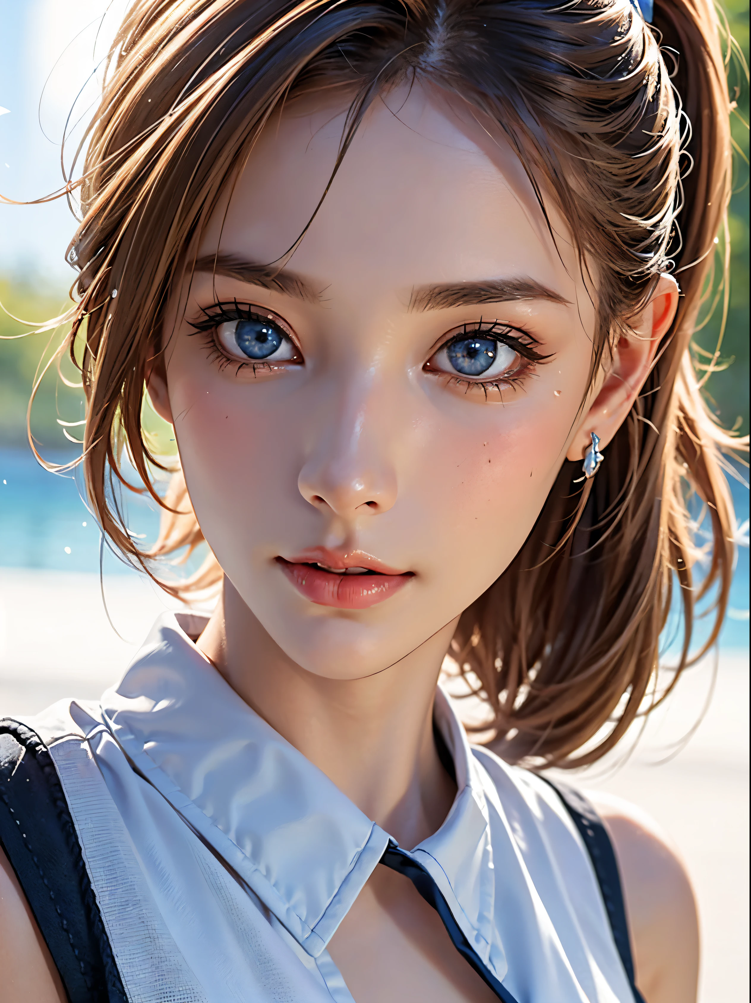 masterpiece, 最high quality, high quality, High resolution, high qualityの質感, high qualityの影, Attention to detail, Beautiful details, In detail, Highly detailed CG, Detailed Texture, a Realistic representation of the face, Realistic, colorful, delicate, Cinematic Light, Side light, Lens flare, Ray Tracing, Sharp focus, (Intricate details, compensate, Purelos Face_v1:0.5), (detailed beautiful delicate face, detailed beautiful delicate eyes, perfectly balanced face, Attention to detailed skin, Detailed skin, The optimal ratio is four fingers to one thumb, ((Upper Body Shot)), (Large Breasts), (Cleavage), ((Smooth texture, Realistic texture, PhotoRealistic)), (Beautiful eyes in every detail, Beautiful eyelashes, Emerald Eyes), (((Blonde semi-long hair, ponytail))), 1 female, By the pool, (((Sailor shirt, No sleeve, Open Front))), (Beautiful Face, Cute face, Detailed face), (((sunny))), Perfect Eyes Eyes