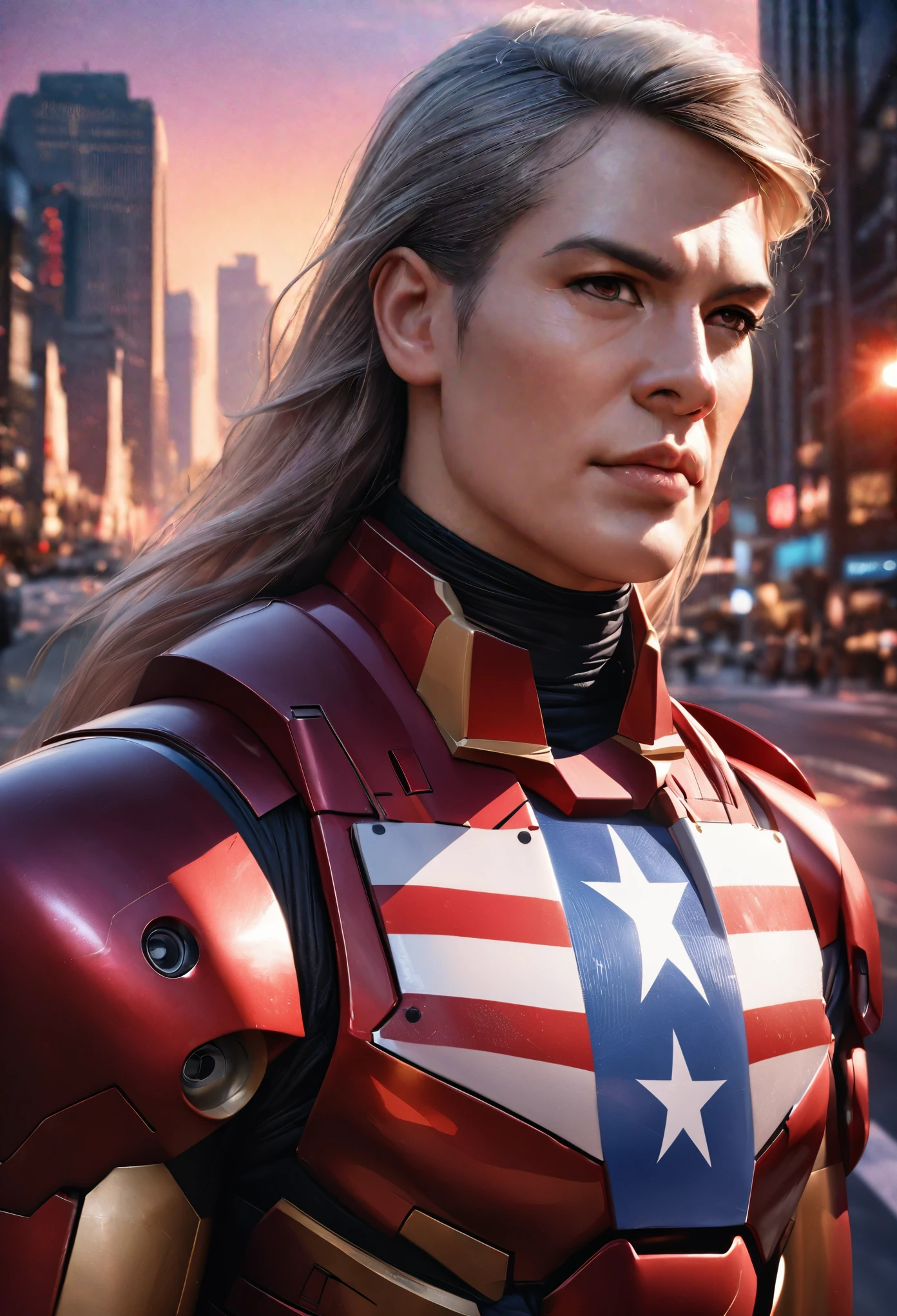 (best quality,4k,8k,highres,masterpiece:1.2),ultra-detailed,(realistic,photorealistic,photo-realistic:1.37),Donuld Trump in Iron Man armor that has a US Flag color scheme,heroic pose on a city street,confident expression,noticeable wrinkles,gray hair,white teeth,straight posture,confident stare,long-neckpiece,perfectly crafted Iron Man suit,extremely detailed armor textures,smooth metallic surfaces,impressive red, white, and blue color scheme,vibrant and vivid colors,portraits,studio lighting,physically-based rendering,detailed cityscape background,tall and grand buildings,metropolis bustling with life,futuristic atmosphere,picture-perfect sunset, orange and purple hues, dramatic sky,soft streetlights casting warm glow,professional,bokeh