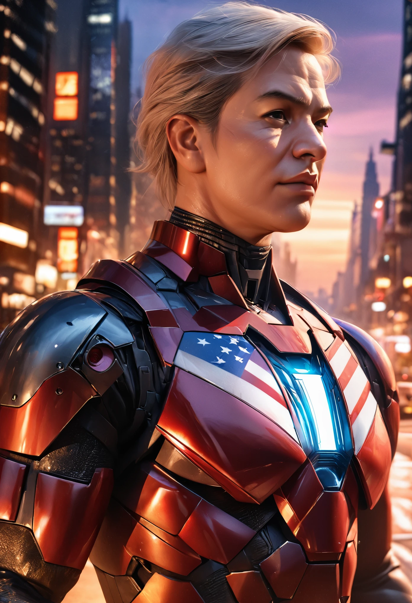 (best quality,4k,8k,highres,masterpiece:1.2),ultra-detailed,(realistic,photorealistic,photo-realistic:1.37),Donuld Trump in Iron Man armor that has a US Flag color scheme,heroic pose on a city street,confident expression,noticeable wrinkles,gray hair,white teeth,straight posture,confident stare,long-neckpiece,perfectly crafted Iron Man suit,extremely detailed armor textures,smooth metallic surfaces,impressive red, white, and blue color scheme,vibrant and vivid colors,portraits,studio lighting,physically-based rendering,detailed cityscape background,tall and grand buildings,metropolis bustling with life,futuristic atmosphere,picture-perfect sunset, orange and purple hues, dramatic sky,soft streetlights casting warm glow,professional,bokeh