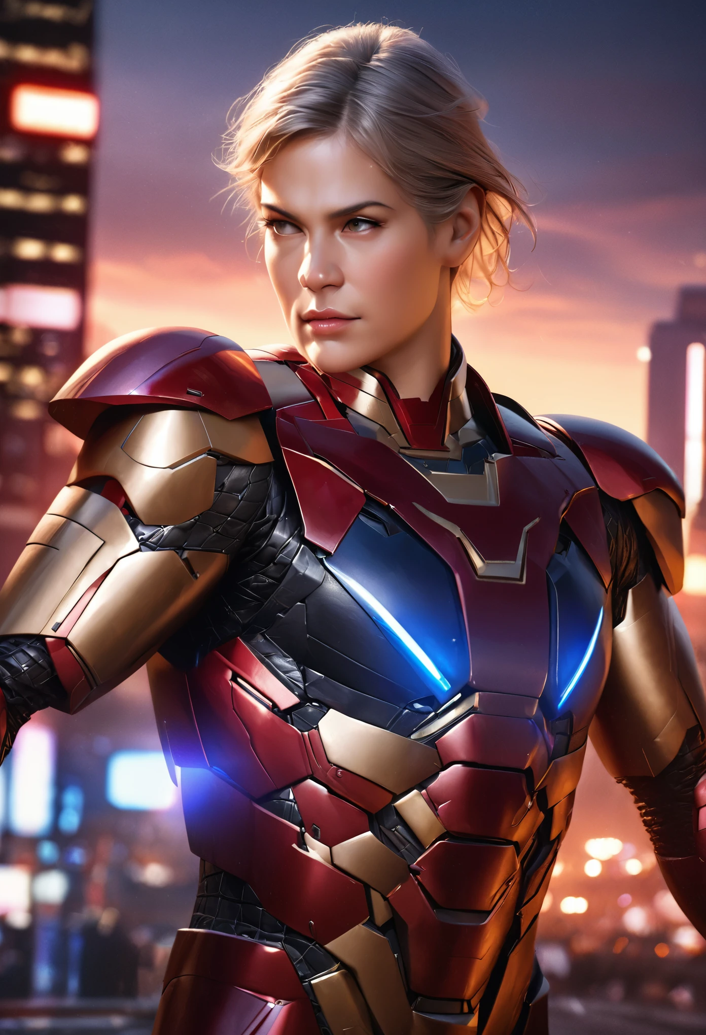 (best quality,4k,8k,highres,masterpiece:1.2),ultra-detailed,(realistic,photorealistic,photo-realistic:1.37),Donuld Trump in Iron Man armor that has a US Flag color scheme,heroic pose on a city street,confident expression,noticeable wrinkles,gray hair,white teeth,straight posture,confident stare,long-neckpiece,perfectly crafted Iron Man suit,extremely detailed armor textures,smooth metallic surfaces,impressive red, white, and blue color scheme,vibrant and vivid colors,portraits,studio lighting,physically-based rendering,detailed cityscape background,tall and grand buildings,metropolis bustling with life,futuristic atmosphere,picture-perfect sunset, orange and purple hues, dramatic sky,soft streetlights casting warm glow,professional,bokeh