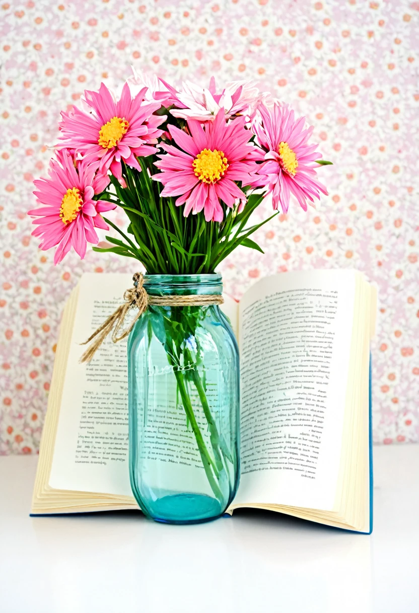 crea un libro abierto fondo un jarron de flores