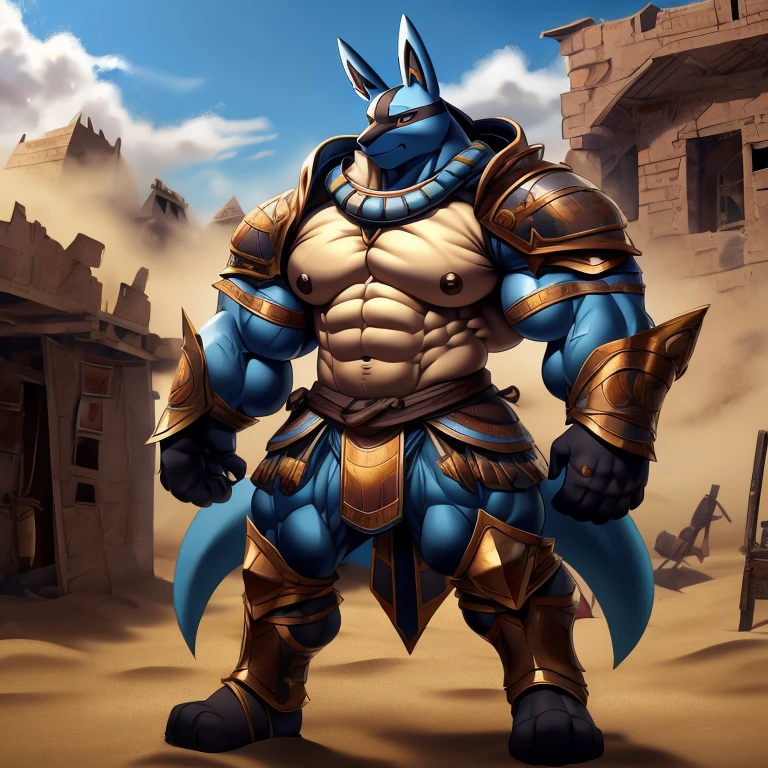 Egyptian Lucario, male, single character, in a sand storm, in a abandoned town, wears full body armor.
massive muscles, huge pecs, chiseled abs, huge pectorals, exaggeratedly huge muscles.
wearing a cloak.
unusually developed muscular body