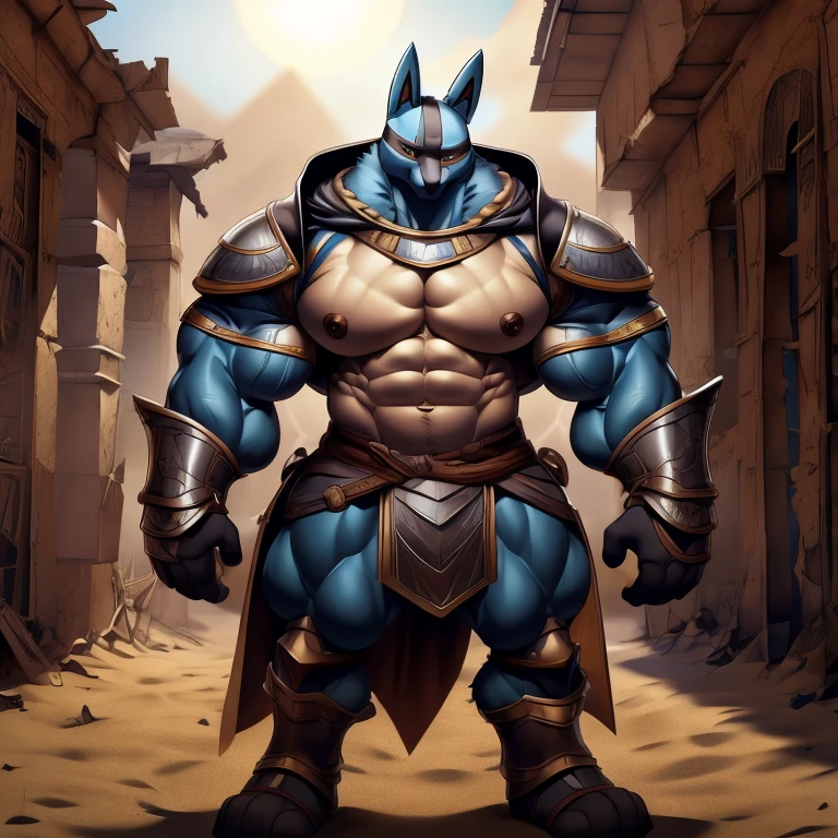 Egyptian Lucario, male, single character, in a sand storm, in a abandoned town, wears full body armor.
massive muscles, huge pecs, chiseled abs, huge pectorals, exaggeratedly huge muscles.
wearing a cloak.
unusually developed muscular body