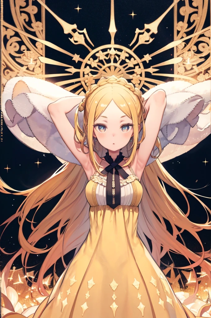 highest quality, masterpiece, Upper Body, (Adult:1.6) Hungarian woman, (Grin:0.4), Put your arms behind your head, Braided golden hair, Sparkling eyes, victorian sundress, Floating light particles, Centered,