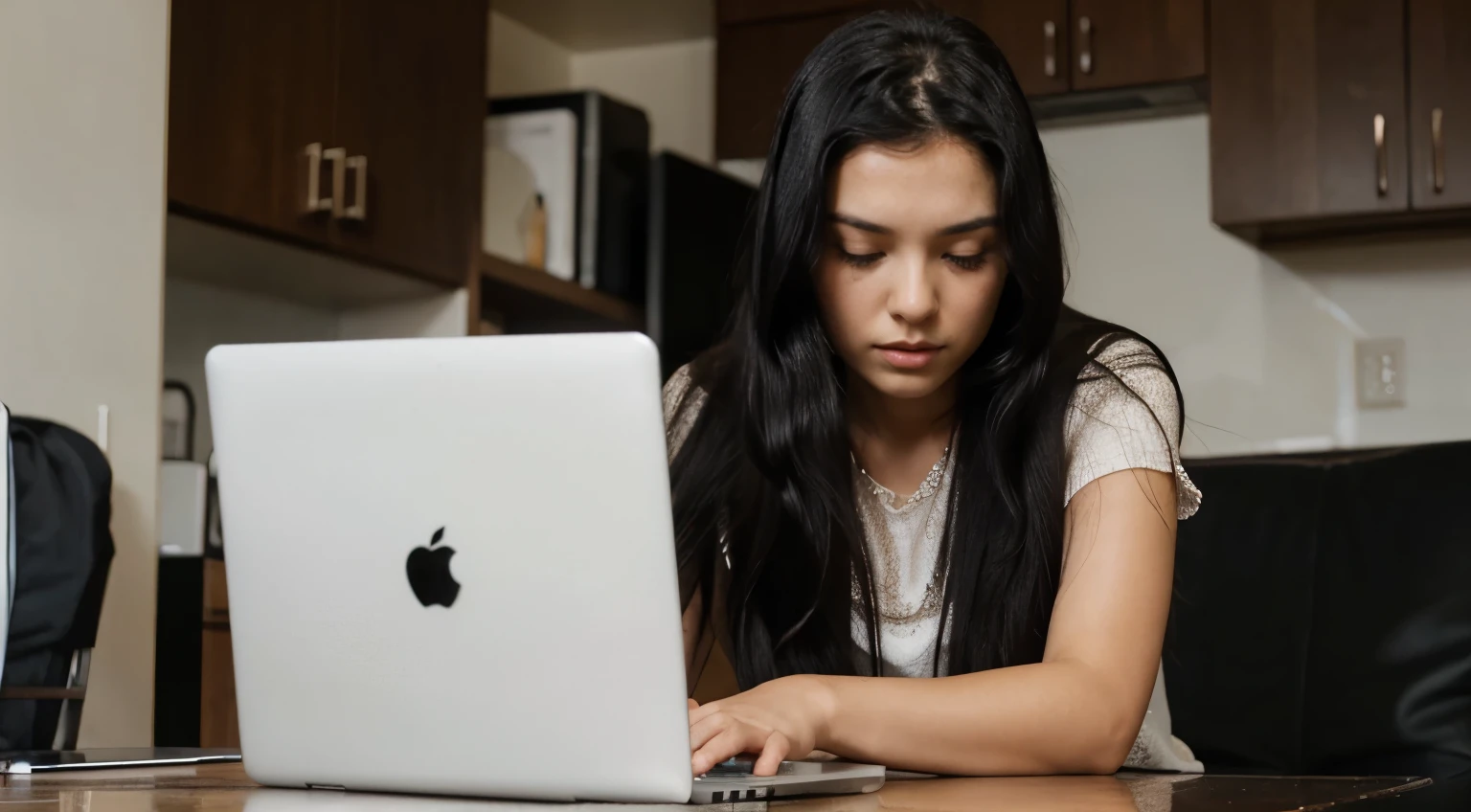 Girl, long black hair, sitting at her laptop, sad.