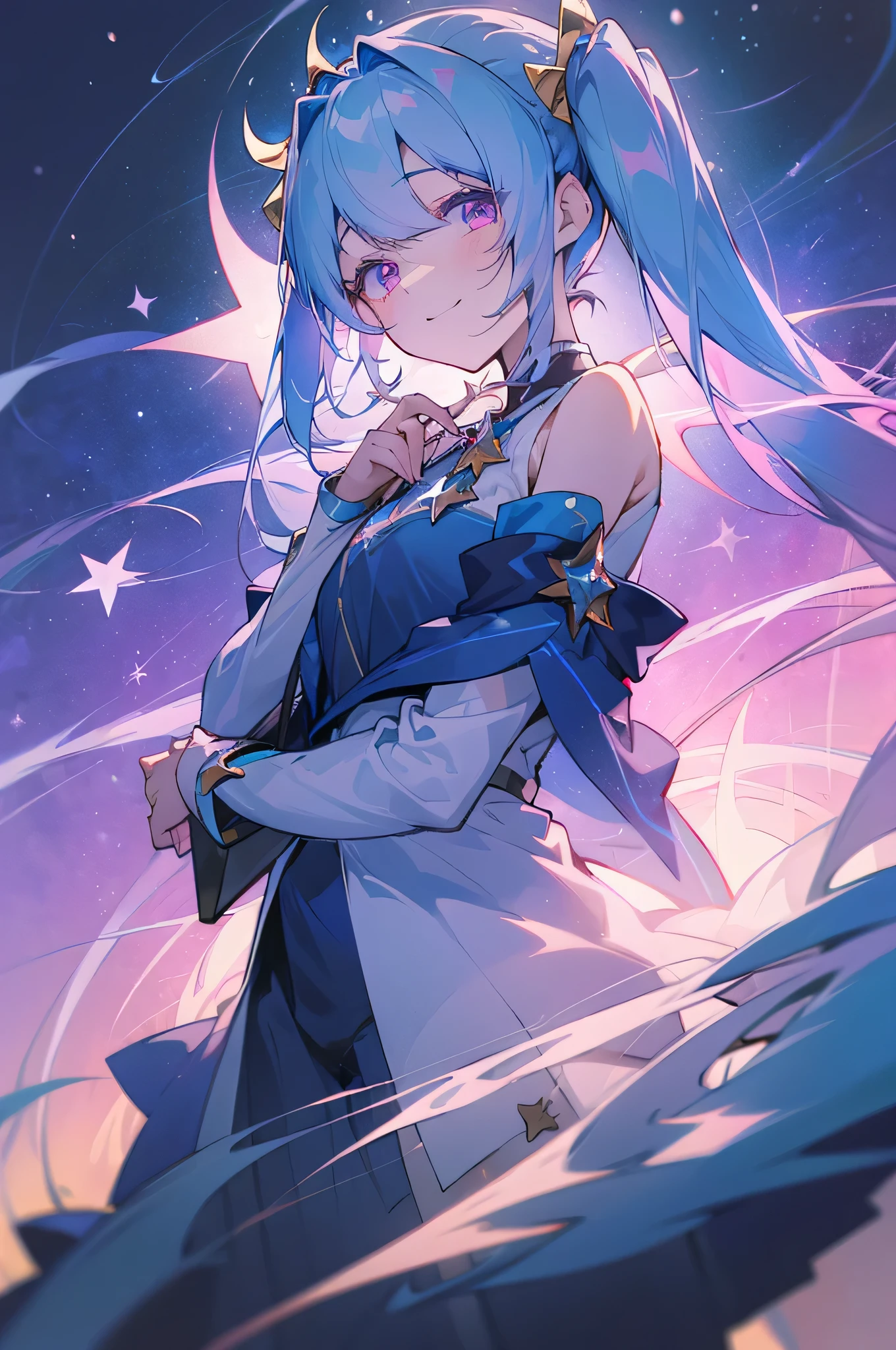 (masterpiece 1.2), (best quality), blue hair, long twintails, ((celestial theme 1)), blue and pink eyes, (music theme 1), ((holding star 2)), smiling