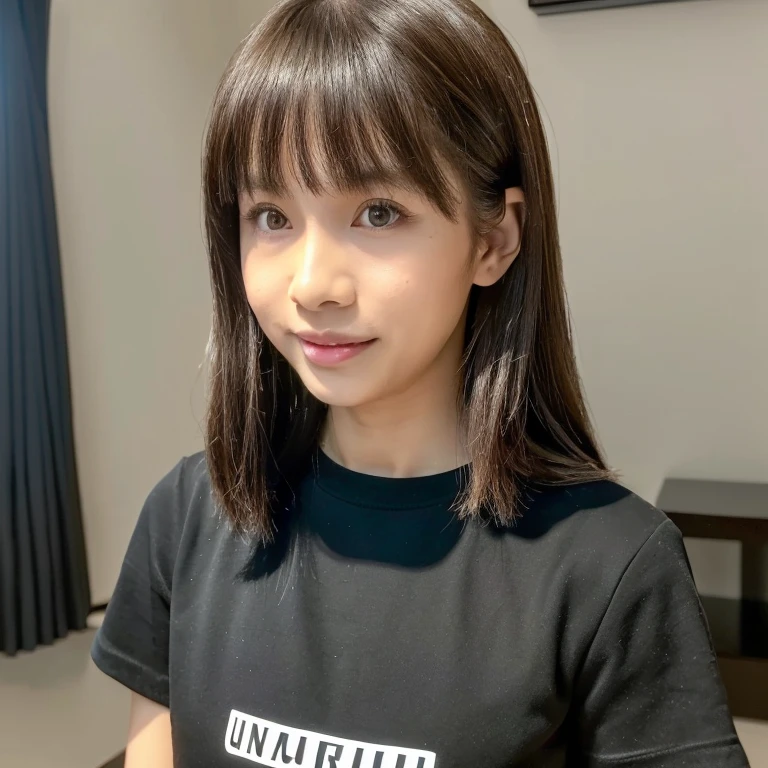 (Best quality, 8k, 32k, Masterpiece, ultra detailed, UHD:1.4),(1girl,solo:1.1),natural skin texture,detailed skin, hyperrealism,ultra sharpness,
slender,medium hair,swept bangs, light brown hair,black t-shirt, at the room,kitagawa keiko,hashimoto kanna,selfie,closed eyes,smile