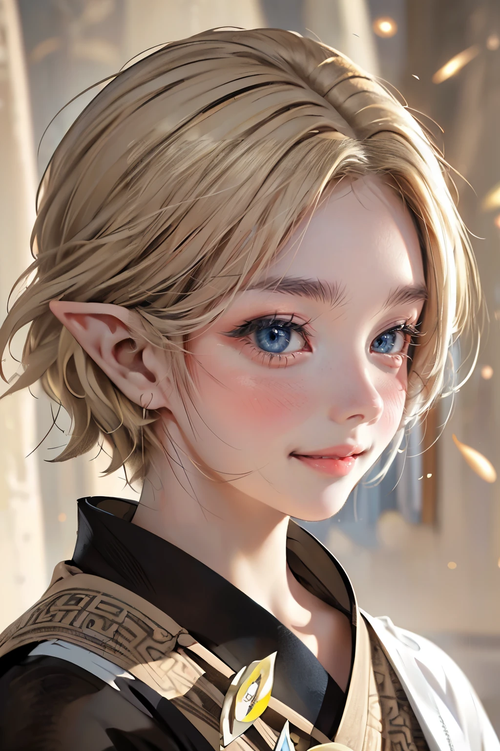 By Alphonse Mucha「elf portrait」、(((Blonde)))、short hair、((((((Beautiful Brown Eyes)))))、Japanese、32 years old、Stylish、((((Asian black eyes))))、(((Flashy blonde)))
