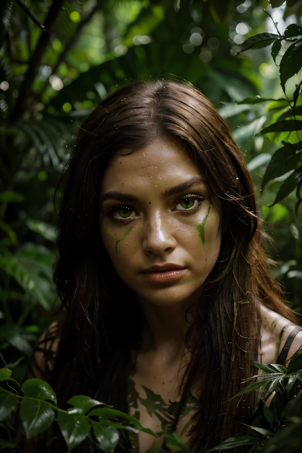 (Best quality, Ultra detailed, Golden ratio, Masterpiece:1.1), Jungle scenery, Predator in focus, high contrast, sharp edges, photographic, (deep, intriguing), (deforestation: 0.5), (green foliage, wild animals: 1.2), jungle adventure, primeval forest, (predatory eyes: 1.5), camouflage attire, rifle in hand, stealthy gaze, (tropical rain: 0.7), (photography equipment: 1.3), long lens, shallow depth of field, crystal-clear focus, muddy terrain, (lush vegetation: 1