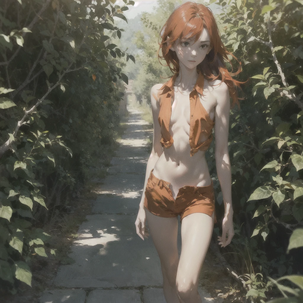 Beautiful slender thin exquisite (nude) girl with a perfect face of the southern type with red hair with delicate beautiful expressive breasts with tender nipples barefoot with bare hips ((with red pubic hairs)) ((in an unbuttoned open light orange shirt over his naked body and short light orange shorts)) walks along a brick road in the middle of a flowering field, in a gentle watercolor style, Discreet shades, sfumato, haze, diffused dim light, delicate mint shades, imitation of film photography, (olive and grape groves, Brick Road), (High image quality, Maximum detail)
