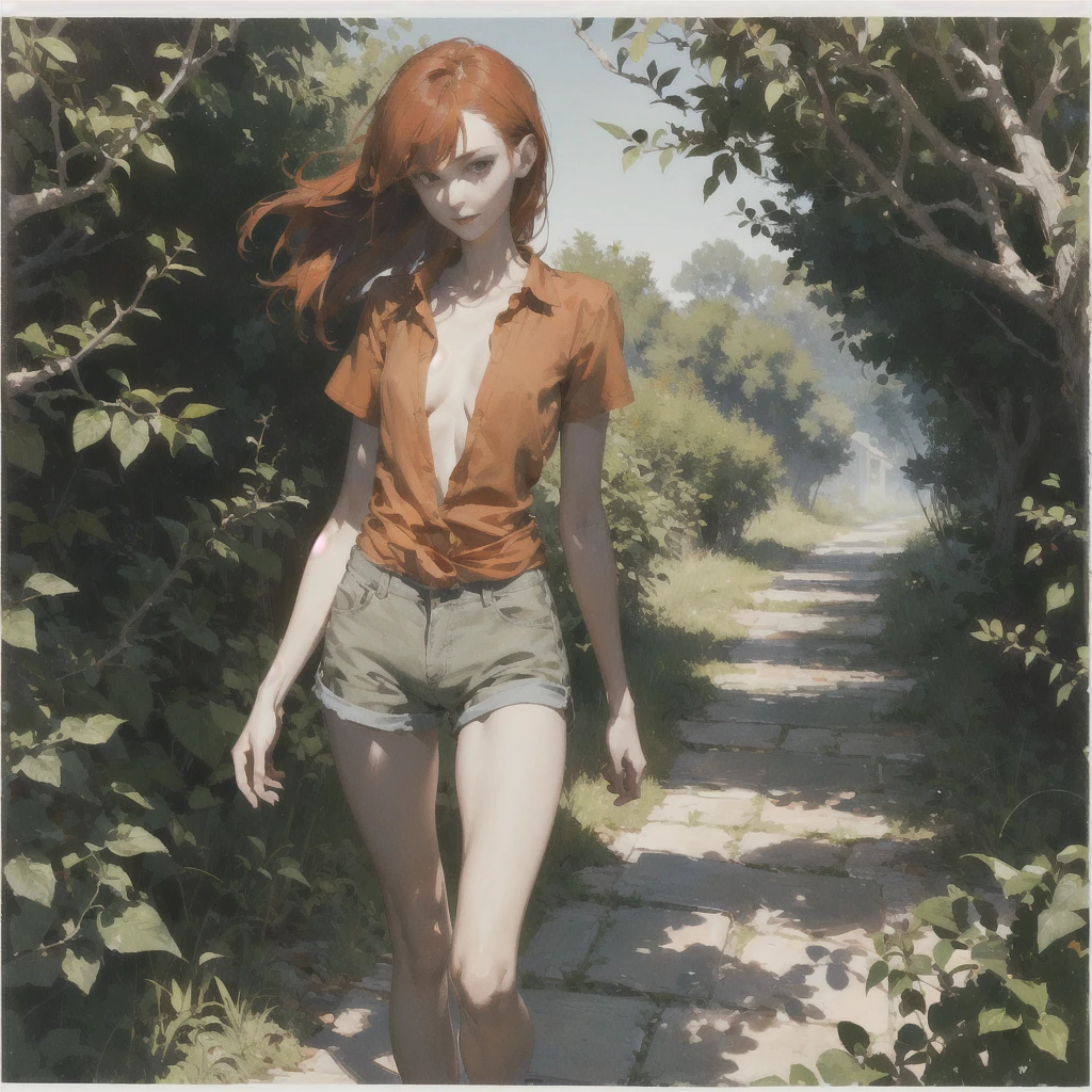 Beautiful slender thin exquisite (nude) girl  with a perfect face of the southern type with red hair with delicate beautiful expressive breasts with tender nipples barefoot with bare hips ((with red pubic hairs)) ((in an unbuttoned open light orange shirt over his naked body and short light orange shorts)) walks along a brick road in the middle of a flowering field, in a gentle watercolor style, Discreet shades, sfumato, haze, diffused dim light, delicate mint shades, imitation of film photography, (olive and grape groves, Brick Road), (High image quality, Maximum detail)