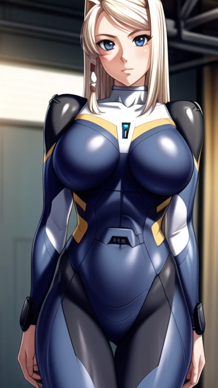 hangar Background, mechas,
blue bodysuit, pilot suit,black outfit ,white collar,black belt,
blonde hair,Bangs,Long hair,purple Eyes,
1 girl, 20yo,Young female,Beautiful Finger,Beautiful long legs,Beautiful body,
Beautiful Nose,Beautiful character design, perfect eyes, perfect face,expressive eyes,perfect balance,
looking at viewer,,closed mouth, (innocent_big_eyes:1.0),(Light_Smile:0.3),
official art,extremely detailed CG unity 8k wallpaper, perfect lighting,Colorful, Bright_Front_face_Lighting,White skin,
(masterpiece:1.0),(best_quality:1.0), ultra high res,4K,ultra-detailed,photography, 8K, HDR, highres, absurdres:1.2, Kodak portra 400, film grain, blurry background, bokeh:1.2, lens flare, (vibrant_color:1.2),professional photograph,
(Beautiful,large_Breasts:1.4), (beautiful_face:1.5),(narrow_waist), dynamic angle, fighting stance,