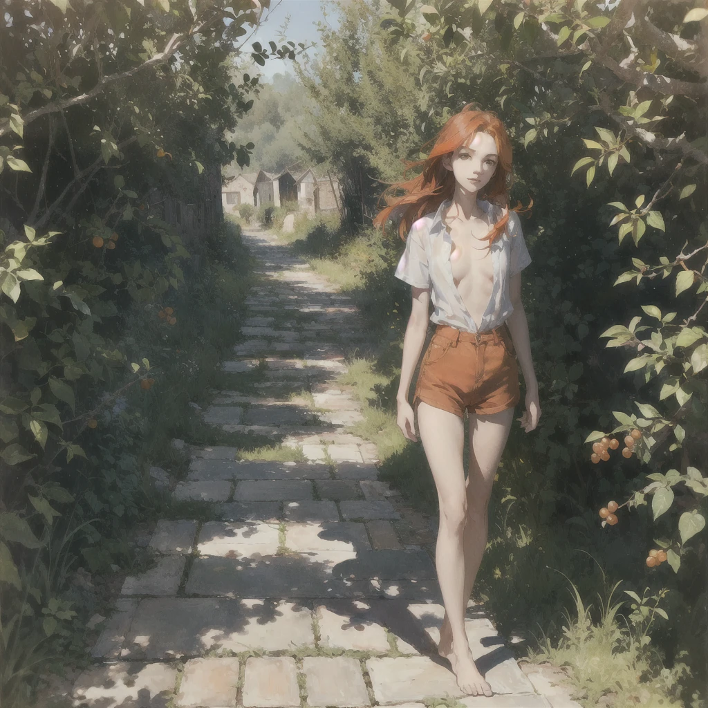 Beautiful slender thin exquisite (nude) girl 16 years old with a perfect face of the southern type with red hair with delicate beautiful expressive breasts with tender nipples barefoot with bare hips ((with red pubic hairs)) ((in an unbuttoned, open light green shirt over his naked body and short light green shorts)) walks along a brick road in the middle of a flowering field, in a gentle watercolor style, Discreet shades, sfumato, haze, diffused dim light, delicate mint shades, imitation of film photography, (olive and grape groves, Brick Road), (High image quality, Maximum detail)