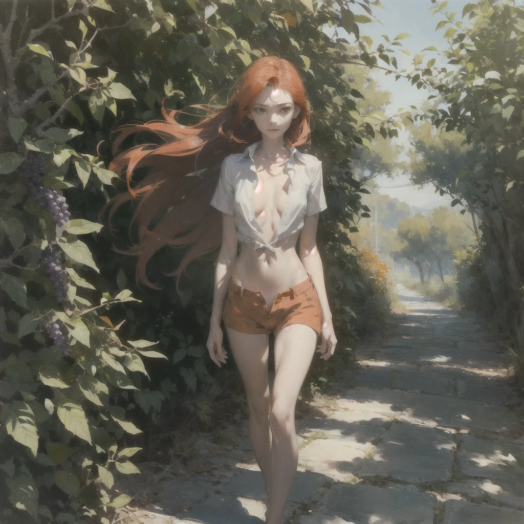 Beautiful slender thin exquisite (nude) girl with a perfect face of the southern type with red hair with delicate beautiful expressive breasts with tender nipples barefoot with bare hips ((with red pubic hairs)) ((in an unbuttoned open light orange shirt over his naked body and short light orange shorts)) walks along a brick road in the middle of a flowering field, in a gentle watercolor style, Discreet shades, sfumato, haze, diffused dim light, delicate mint shades, imitation of film photography, (olive and grape groves, Brick Road), (High image quality, Maximum detail)