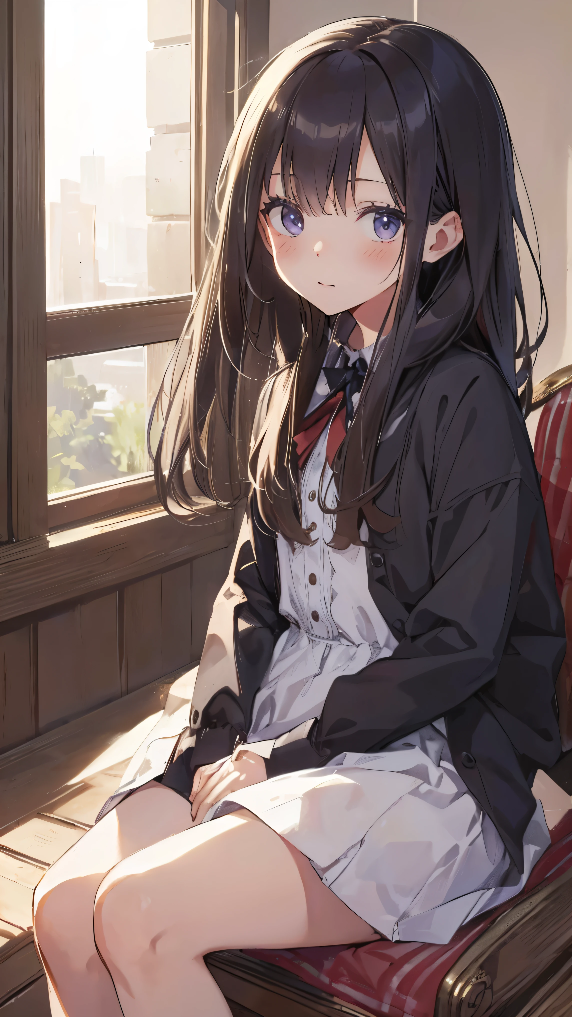 Masterpiece、Highest quality、highest quality、(((Lori)))、 ((((Petite))))、Shiny hair quality、Small face、Sitting、Super detailed, beautiful, wide eyes、Ultra-detailed, clear and beautiful faces、(cute illustration:1.2), High-resolution, ultra-detailed, best quality, embarrassed