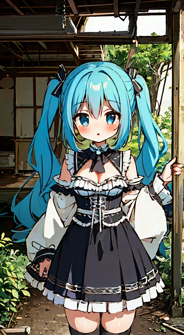 masterpiece, highest quality, (anime screencap:1.3),(shape), cute,(simple:1), (anime:1.2),Solo Sharp Focus, 1 girl, cleavage,looking at the viewer, Japan,aqua hair,((mini skirt)),Are standing, twin tails,summer ,((Black Gothic Costume)),red ribbon,dark gothic,abandoned house,lolita fashion,hair ribbon,cowboy shot