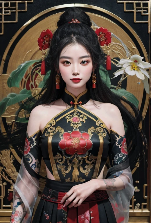 An ancient Chinese beauty, charming temperament, flowing long skirt, clear face, beautiful eyes, osmanthus surrounding, perfect body structure proportional masterpiece, super detailed, epic composition, color tattoo art, new traditional tattoo art, SD tattoo design, color tattoo art, mysterious warm and friendly atmosphere, hyper-realistic painting, super HD, high quality, highest quality, 32k --v 6
