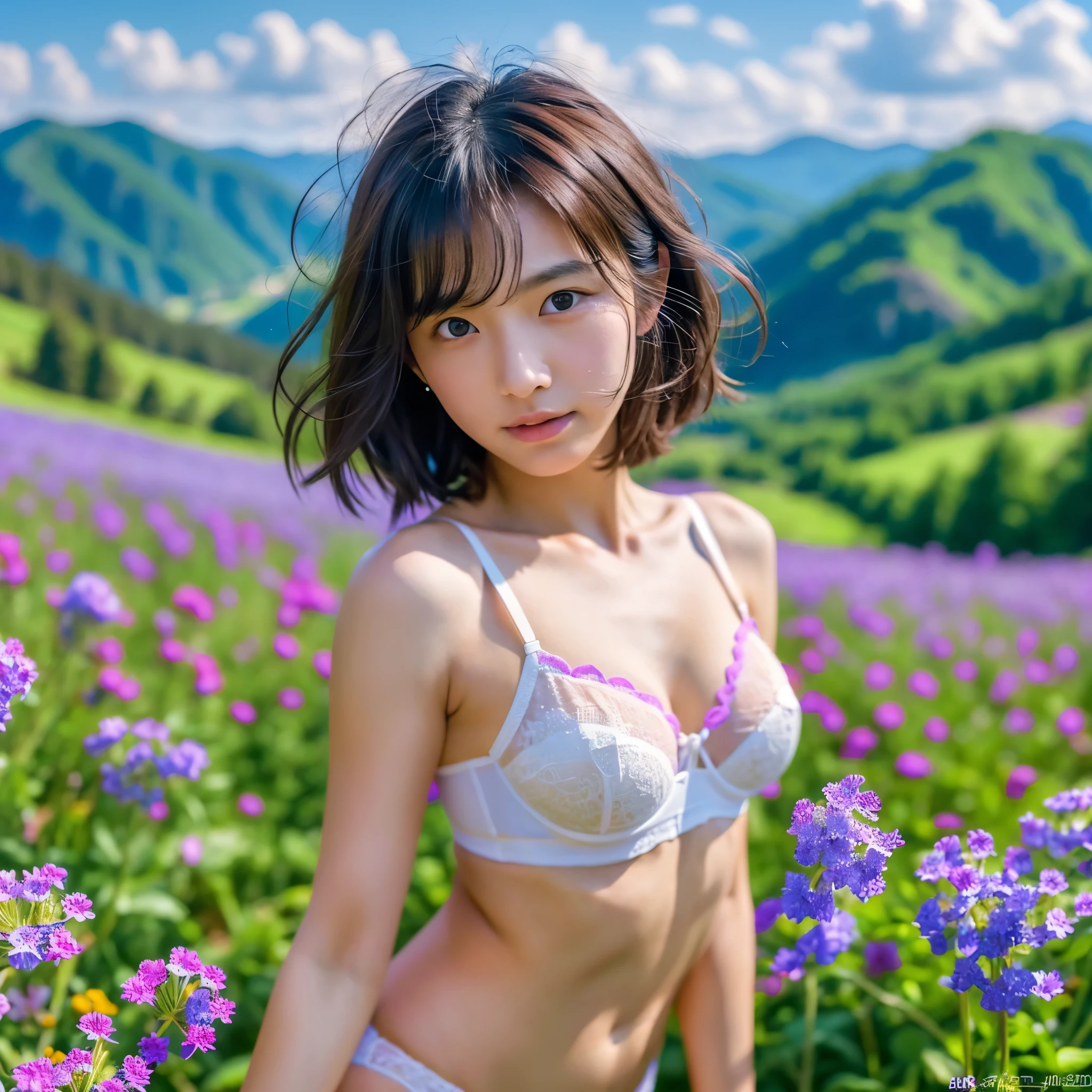 (((nsfw))), (RAW Photos:1.2), (Realistic), Beautiful detailed girl, Very detailedな目と顔, Narrow and beautiful eyes, Large file size, High resolution, Very detailed, highest quality, [Tabletop:1.6], shape, Very detailed, The finer details, highest quality, 8k wallpaper, Cinema Lighting, 15 year old girls, Early summer in the mountains, Blue flowers blooming in the meadow, In underwear,Pose with outstretched hands,  White bra visible, White panties are visible, Short Hair, Slender body, Young Face, Small breasts, Exposed underwear, A plateau with a great view, Scenery of early summer wind, Refreshing rural mountain scenery, blue flower field