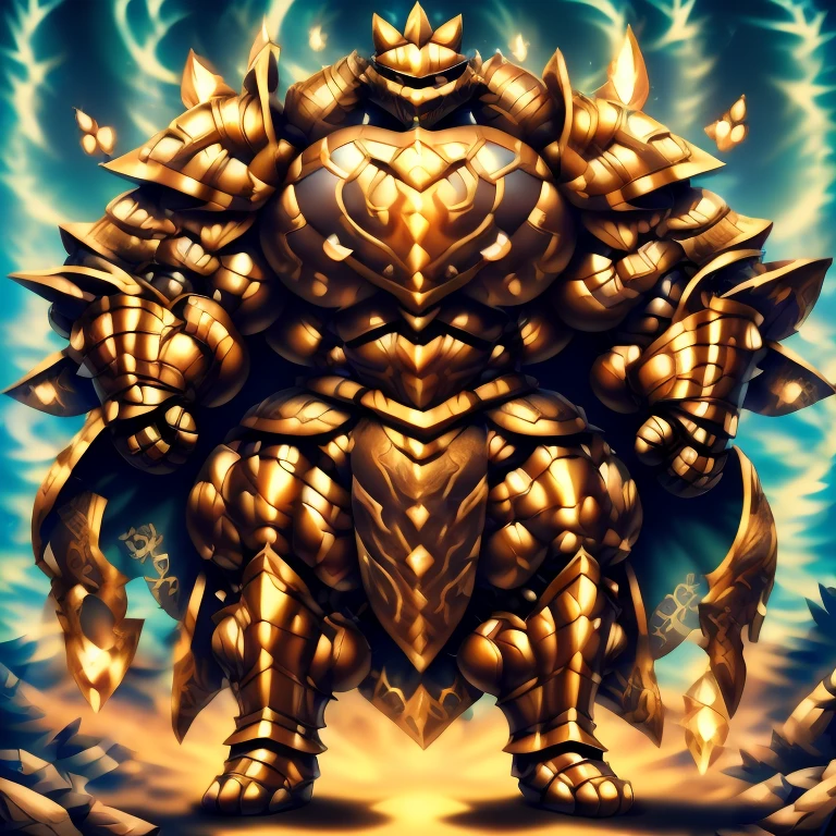 (masterpiece, best quality, detailed:1.2) (Pokémon) detailed full body, a knight's mechanical armor, glowing wide and heavy armor, wears full body armor. massive muscles, huge pecs, chiseled abs, huge pectorals, exaggeratedly huge muscles. wearing a cloak. unusually developed muscular body big muscle, pecs, triceps, traps, waist narrow, unusually developed muscular body,