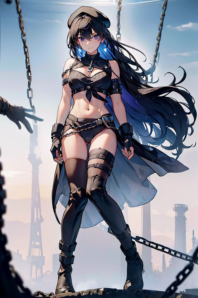 (Thynasha:1.2),dark blue hair,very long hair, purple eyes,(beautiful detailed eyes:1.0), extremely detailed face, perfect lighting, hair between eyes,bangs, (black beret, black jacket, open clothes, cleavage, midriff, black medium skirts, black thighhighs, thigh strap, fingerless gloves, single glove:1.2), Photo,sharpness, F1.6 lens,hyper-realistic textures,spectacular light textures, Cinestil 800 Fashion Mechanics,(((Beautiful woman with left leg restrained by chains))),Appearance,Beautiful girl with accentuated slender abs: 1.1,six-pack abs: 1.1, Bust Botox,Standing on tiptoe, long legs,Long brown hair fluttering in the wind,Brown hair, Long hair, Female Warrior Costume,(No panties,No bra),(tacticul battle fashion,elbow and knee tacticul battle fashion, battle glove: 1.1),((cute batre costume)),The belly comes out and the navel is visible,Thin sheer costume, combat gloves,shredded costumes,cyber long combat boots with golden knee pads,Anatomical,(futuristic sci-fi battle fashion, new elbow and knee cyberpads, new cyberlong boots, new cybergloves: 1.1),(tied perfectly by iron chain:1.3), Restraint, Slave, collars, contempt, (Chained), 4 chains hung from heaven, Metallic shackles and fetters, wet crotch clearly visible,((Hands are restrained above the head)), the neck is chained,Chain from left knee to heaven,Chained by rusty iron chains,((the tip is protruding, areolas protruding,The shape of the pubic harearea is clearly visible:0.9)),Sweating,Wet,Wet crotch,Wet thighs,Junkyard, Realistic, (cute, perfect clothes, skimpy clothes, cute: 1.3) ,Vast miritary base in us,((wide mirtary hospital with summer sunlight)), peeling ceilings, Rebar between, Realistic material details, Extreme details, Ultra-realistic materials,narrow waist,(with sparkling eyes and a contagious smile:0.9),looking at viewer,