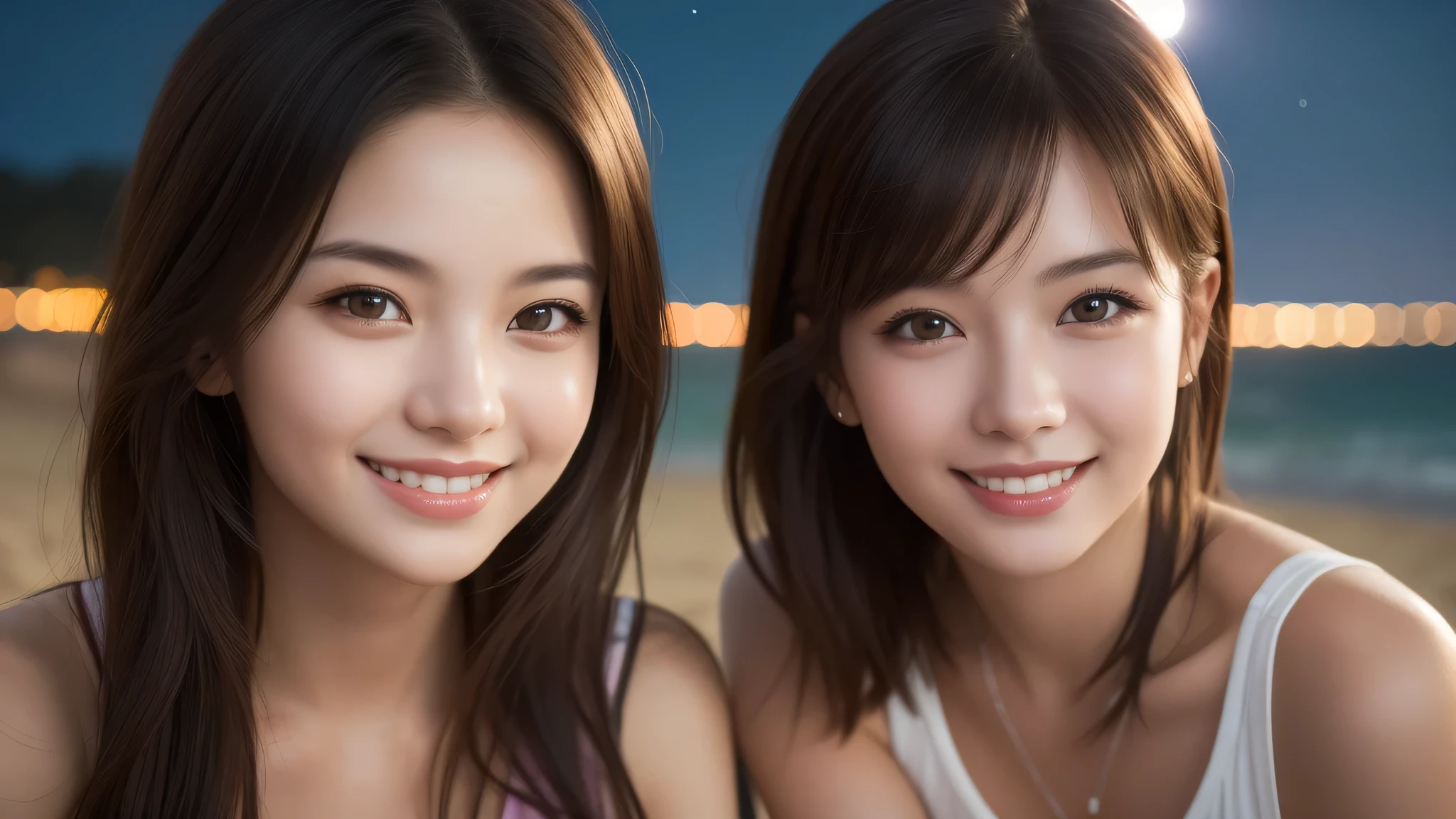 (Two Girls:1.2), (Smile:1.2), (highest quality:1.4), Realistic, Very detailed CG synthesis 8k wallpaper, Very detailed, High resolution raw color photos, Professional photography, Realistic portrait, Beautiful details, (Beautiful Face:1.2), Close-up portrait of a , Outdoor, (Beach), (Beach at night:1.4),