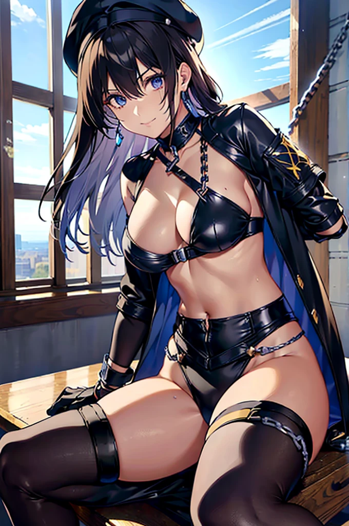 (Thynasha:1.2),dark blue hair,very long hair, purple eyes,(beautiful detailed eyes:1.0), extremely detailed face, perfect lighting, hair between eyes,bangs, (black beret, black jacket, open clothes, cleavage, midriff, black medium skirts, black thighhighs, thigh strap, fingerless gloves, single glove:1.2), Photo,sharpness, F1.6 lens,hyper-realistic textures,spectacular light textures, Cinestil 800 Fashion Mechanics,(((Beautiful woman with left leg restrained by chains))),Appearance,Beautiful girl with accentuated slender abs: 1.1,six-pack abs: 1.1, Bust Botox,Standing on tiptoe, long legs,Long brown hair fluttering in the wind,Brown hair, Long hair, Female Warrior Costume,(No panties,No bra),(tacticul battle fashion,elbow and knee tacticul battle fashion, battle glove: 1.1),((cute batre costume)),The belly comes out and the navel is visible,Thin sheer costume, combat gloves,shredded costumes,cyber long combat boots with golden knee pads,Anatomical,(futuristic sci-fi battle fashion, new elbow and knee cyberpads, new cyberlong boots, new cybergloves: 1.1),(tied perfectly by iron chain:1.3), Restraint, Slave, collars, contempt, (Chained), 4 chains hung from heaven, Metallic shackles and fetters, wet crotch clearly visible,((Hands are restrained above the head)), the neck is chained,Chain from left knee to heaven,Chained by rusty iron chains,((the tip is protruding, areolas protruding,The shape of the pubic harearea is clearly visible:0.9)),Sweating,Wet,Wet crotch,Wet thighs,Junkyard, Realistic, (cute, perfect clothes, skimpy clothes, cute: 1.3) ,Vast miritary base in us,((wide mirtary hospital with summer sunlight)), peeling ceilings, Rebar between, Realistic material details, Extreme details, Ultra-realistic materials,narrow waist,(with sparkling eyes and a contagious smile:0.9),looking at viewer,