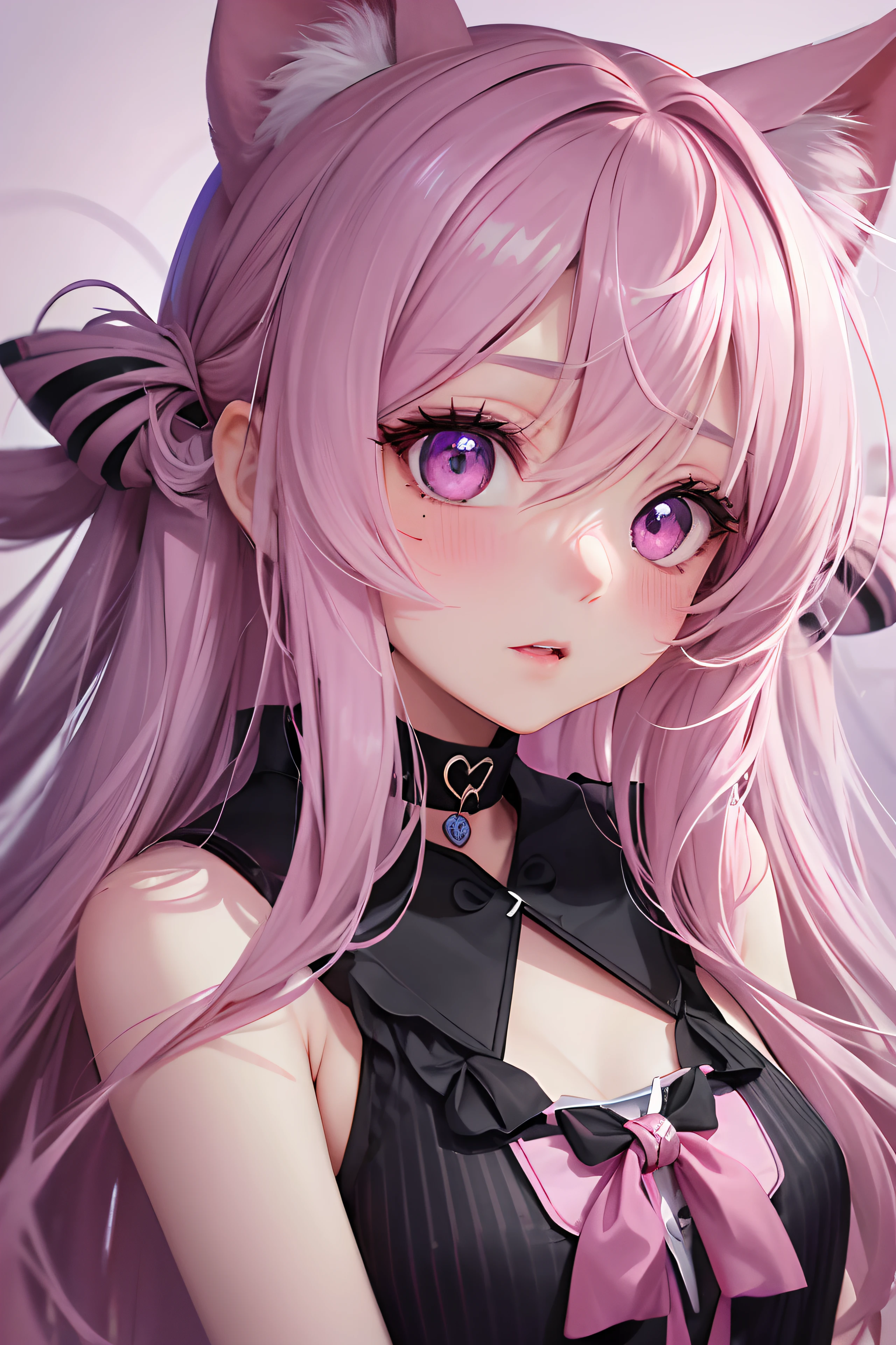 gestreiftes Haar,Pink hair with two tails,   Muttermal unter den Augen, Muttermal unter dem Mund, Heart-shaped pupil, lange Wimpern, rosa Augen, Heart shaped collar、Full Body Esbian、den Betrachter anstarren、shy, blush, nose blush,Anime-Stil, Farbfeldmalerei, Raytracing, bloom, Einzelperspektive, nffsw, award-winning, 16 K, best quality, hohe Details, good quality, Tischplatte, High resolution, genau, super detail、chi
