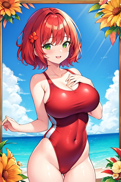 1girl, red hair, medium hair, short hair, flower, flower orbament, ornament, hair ornament, green eyes, one-piece swimsuit, competition swimsuit, large breasts, wide hips, thick thighs, smile, breast suppress,