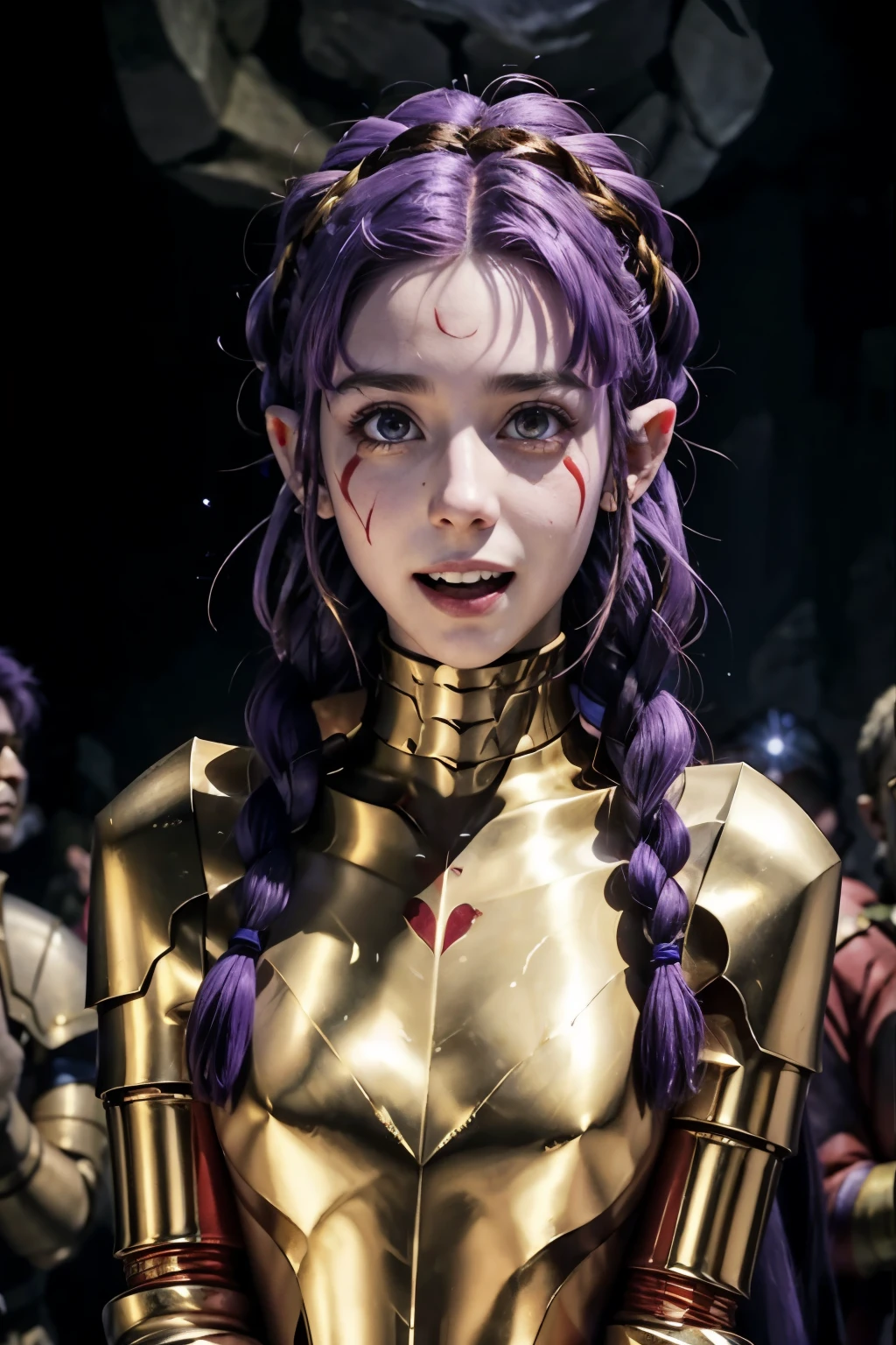 best quality, (masterpiece:1.2), detailed,
 esil radiru,
solo, open mouth, light smile,
purple hair, long hair, braid, red eyes, pointy ears, facial mark, earrings,
red amor, gold trim, pauldrons,
standing, looking at the viewer,
cave, estilo hiperrealista, super detallado