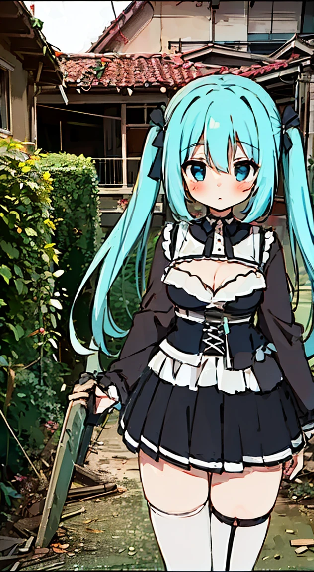 masterpiece, highest quality, (anime screencap:1.3),(shape), cute,(simple:1), (anime:1.2),Solo Sharp Focus, 1 girl, cleavage,looking at the viewer, Japan,aqua hair,((mini skirt)),Are standing, twin tails,summer ,((Black Gothic Costume)),red ribbon,dark gothic,abandoned house,****ta fashion,hair ribbon,cowboy shot