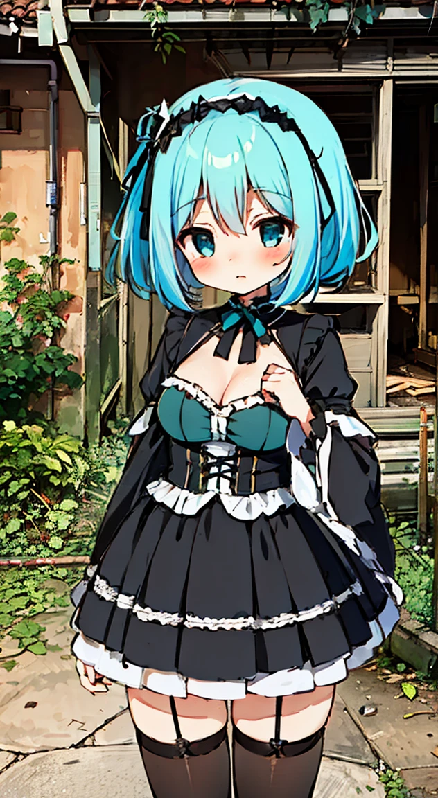 masterpiece, highest quality, (anime screencap:1.3),(shape), cute,(simple:1), (anime:1.2),Solo Sharp Focus, 1 girl, cleavage,looking at the viewer, Japan,aqua hair,((mini skirt)),Are standing, twin tails,summer ,((Black Gothic Costume)),red ribbon,dark gothic,abandoned house,****ta fashion,hair ribbon,cowboy shot