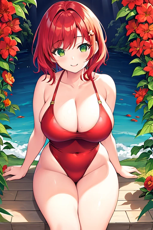 1girl, red hair, medium hair, short hair, flower, flower orbament, ornament, hair ornament, green eyes, one-piece swimsuit, competition swimsuit, large breasts, wide hips, thick thighs, smile, breast suppress,