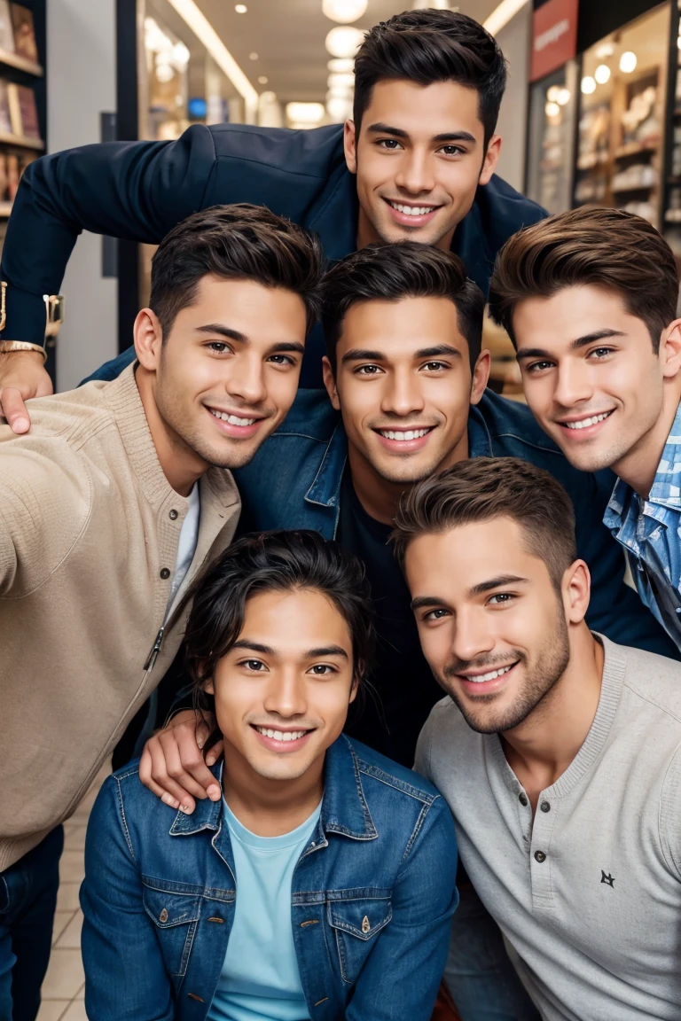 american man with a blue shirt and a black jacket smiling, young man with beautiful face, handsome attractive face, smiling male, attractive male, attractive man, attractive young man, beautiful young man, portrait of beautiful young man, perfect handsome  face, handsome young man, lean man with light tan skin, beautiful male face, handsome male, smiling man, cute young man 5 people, 5 people handsomes, Casual clothes, A hyper-realistic, Smiling expression, shopping hiquality, Friends group, Nikon, Canon, Fujifilm, HD, 4K, 8k 
