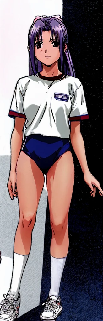Momoko Koigakubo, a tall girl with beautiful legs, is standing with a smile on her face in a white gym uniform and navy blue bloomers that look like panties.。