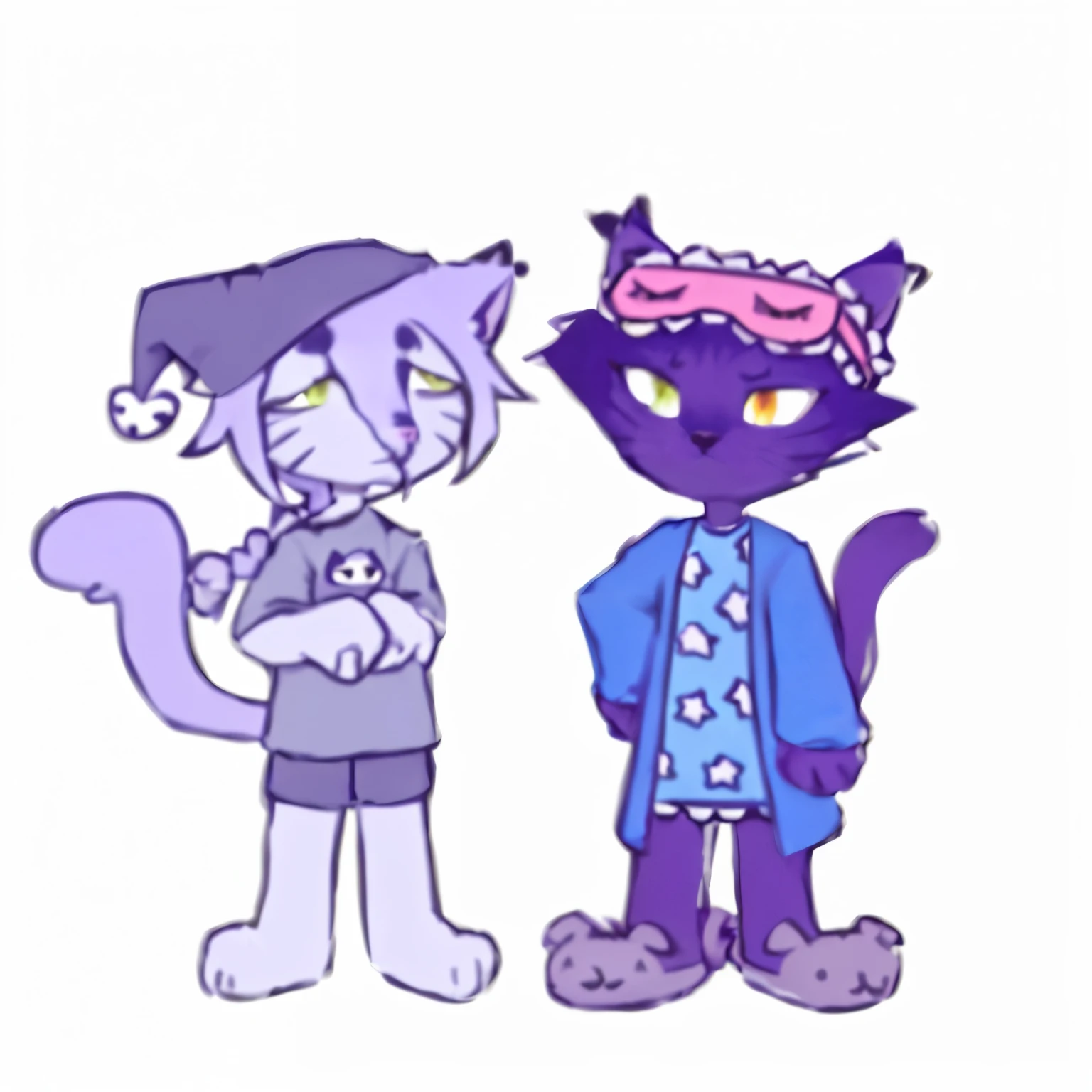 cartoon of two cats dressed in halloween costumes and holding a cat, some purple and blue, they are siblings, two characters, smol, wearing pajamas, monet and da vinchi art style, medium shot of two characters, fool and pixel jeff, adoptables, scandy and arender, two different characters, gloomy style, anthro cat, high quality fanart